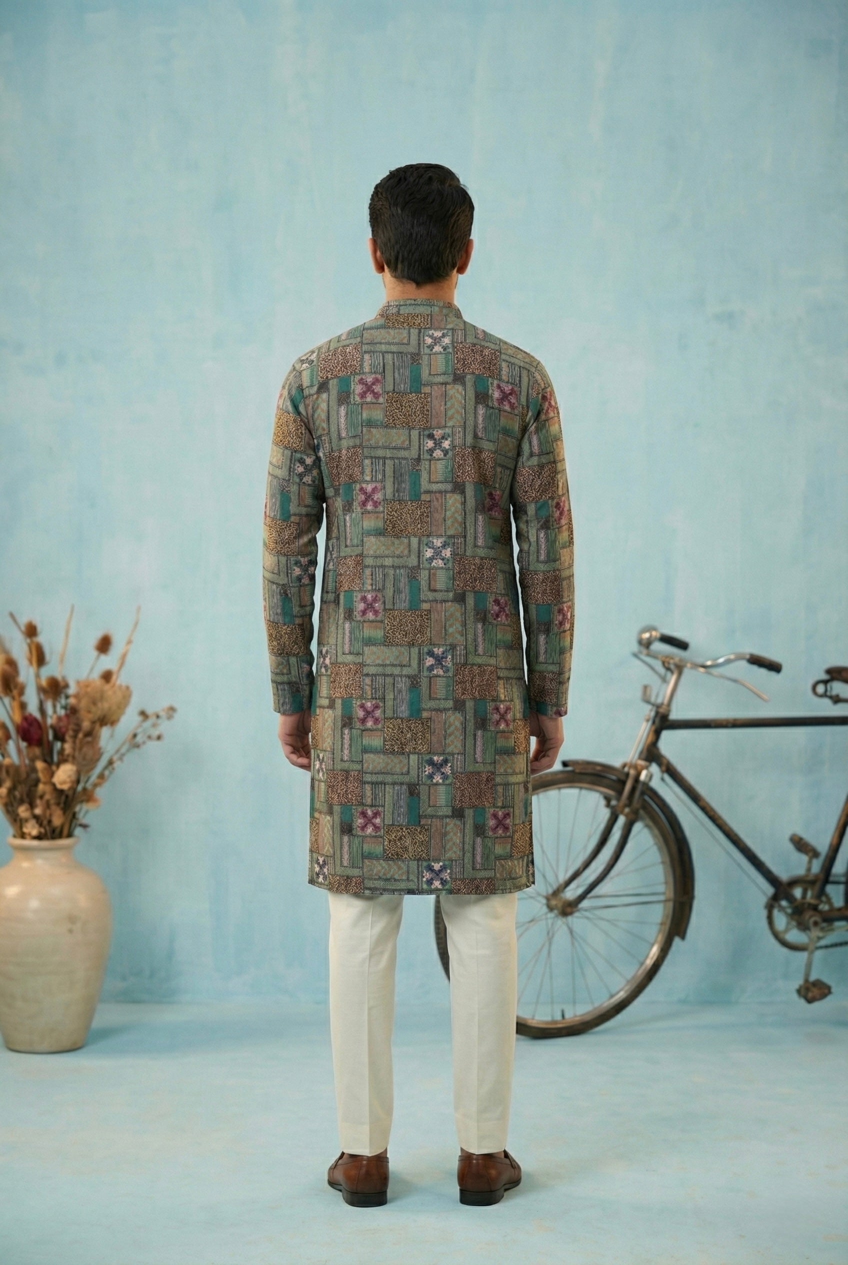 Teal Mosaic Printed Kurta for Men