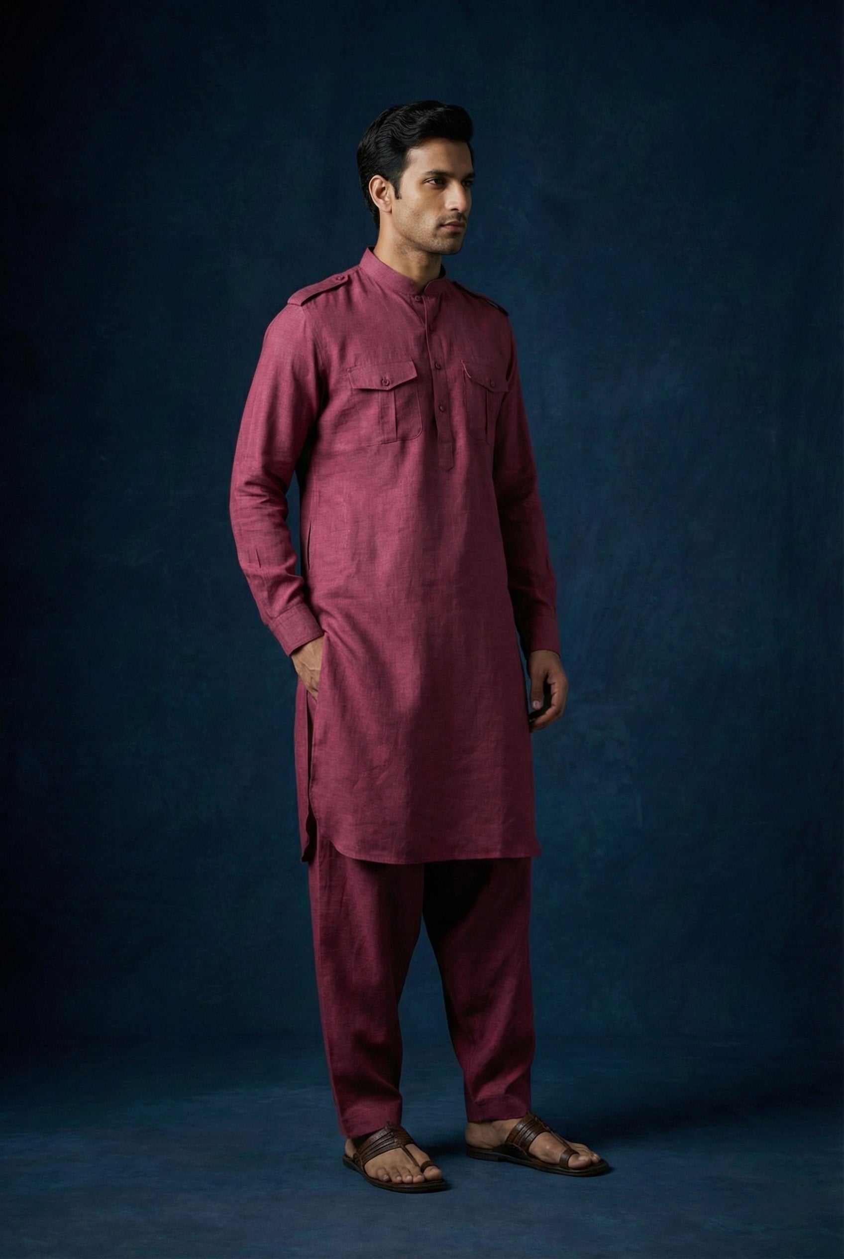 Berry Wine 100% Pure Linen Kurta Set for Men
