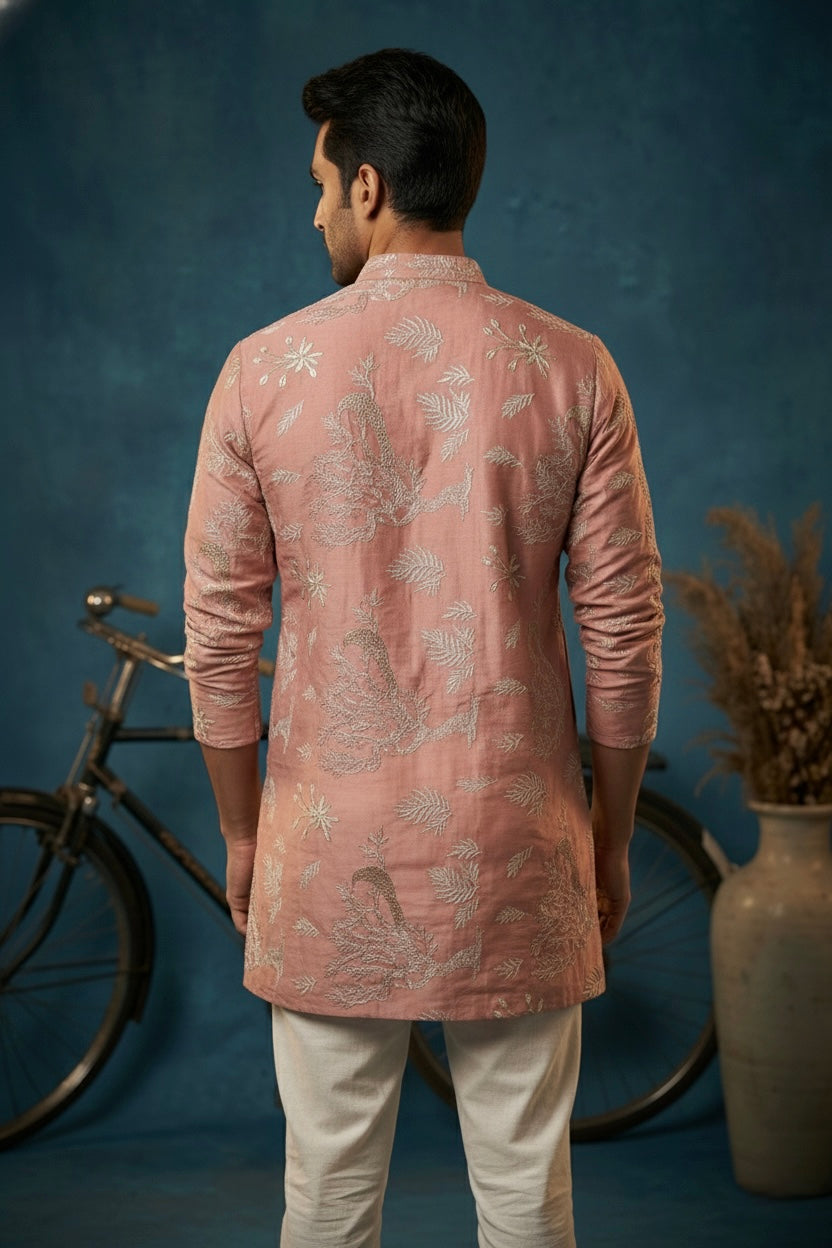 Dusty Rose Embroidered Festive Kurta for Men