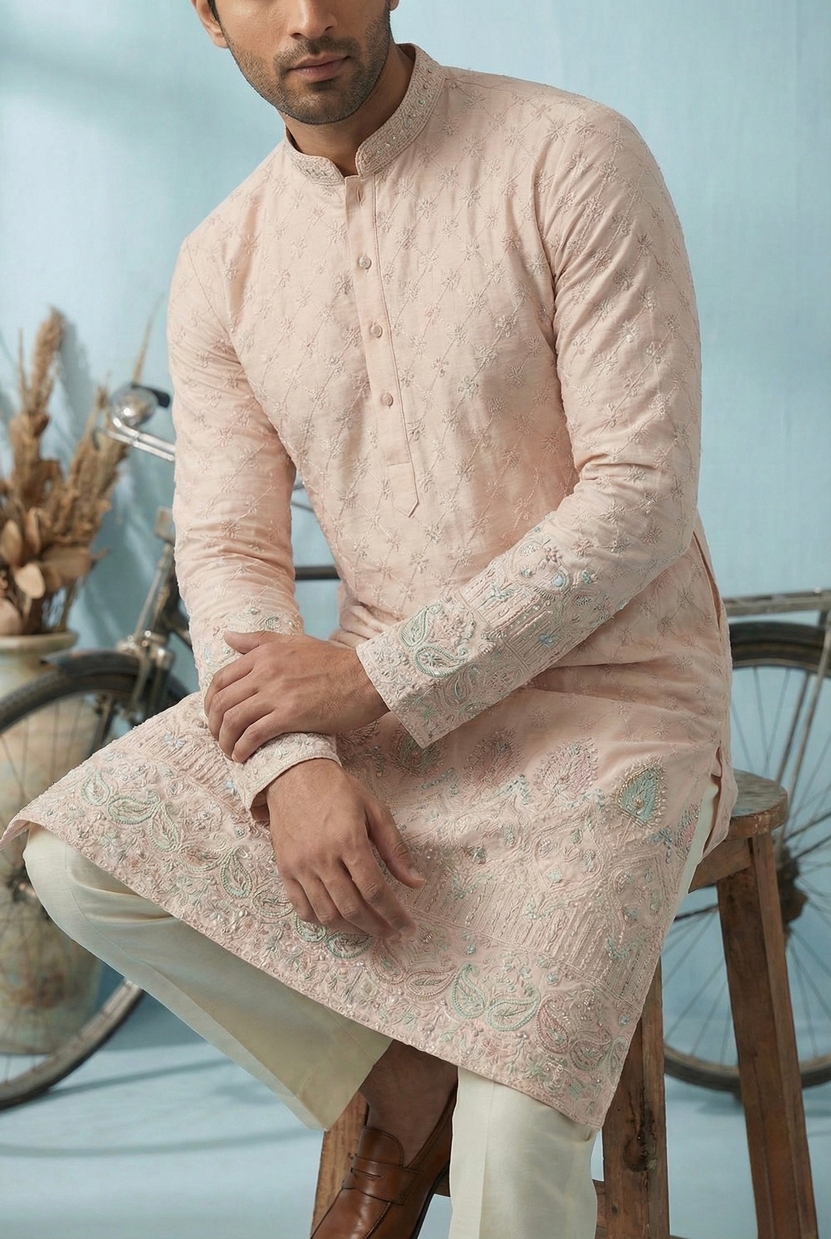 Blush Beige Embroidered Festive Kurta Set for Men