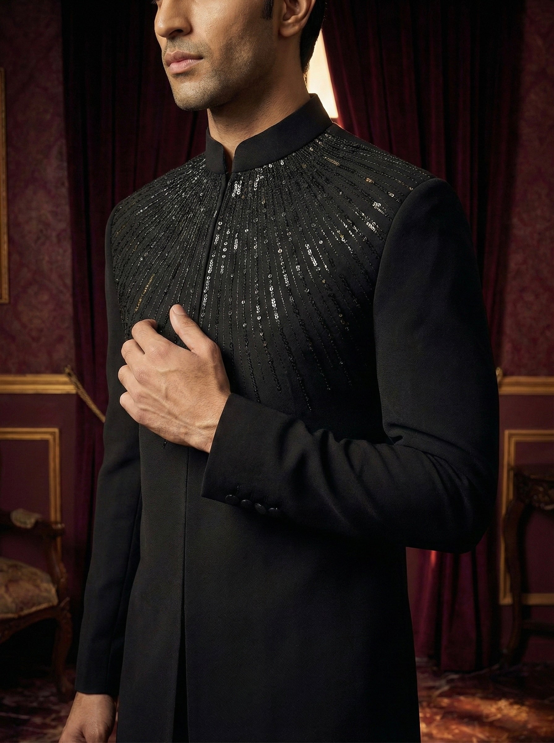 Midnight Radiance Hand-Embellished Bandhgala Set