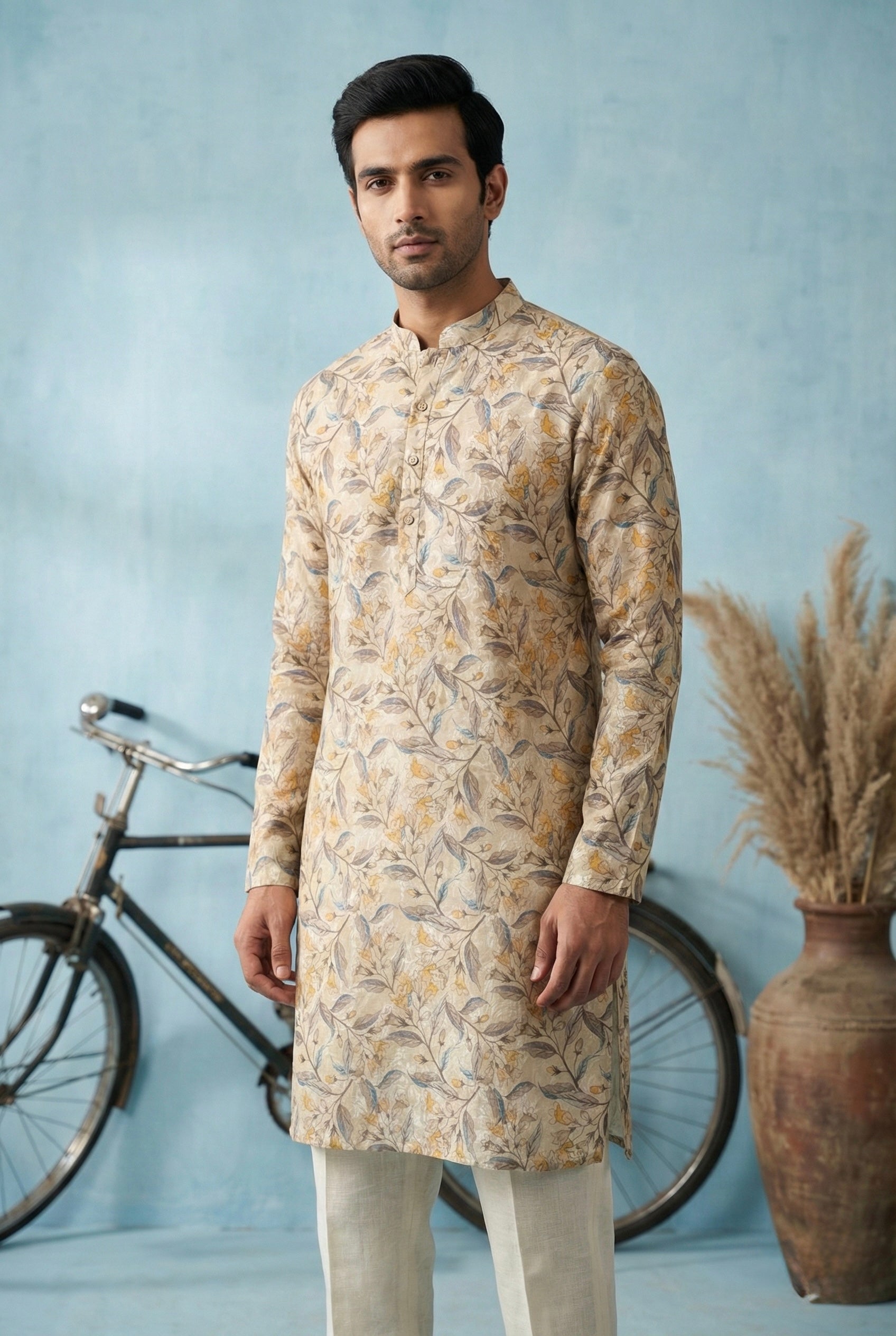 Beige Floral Vine Printed Kurta for Men