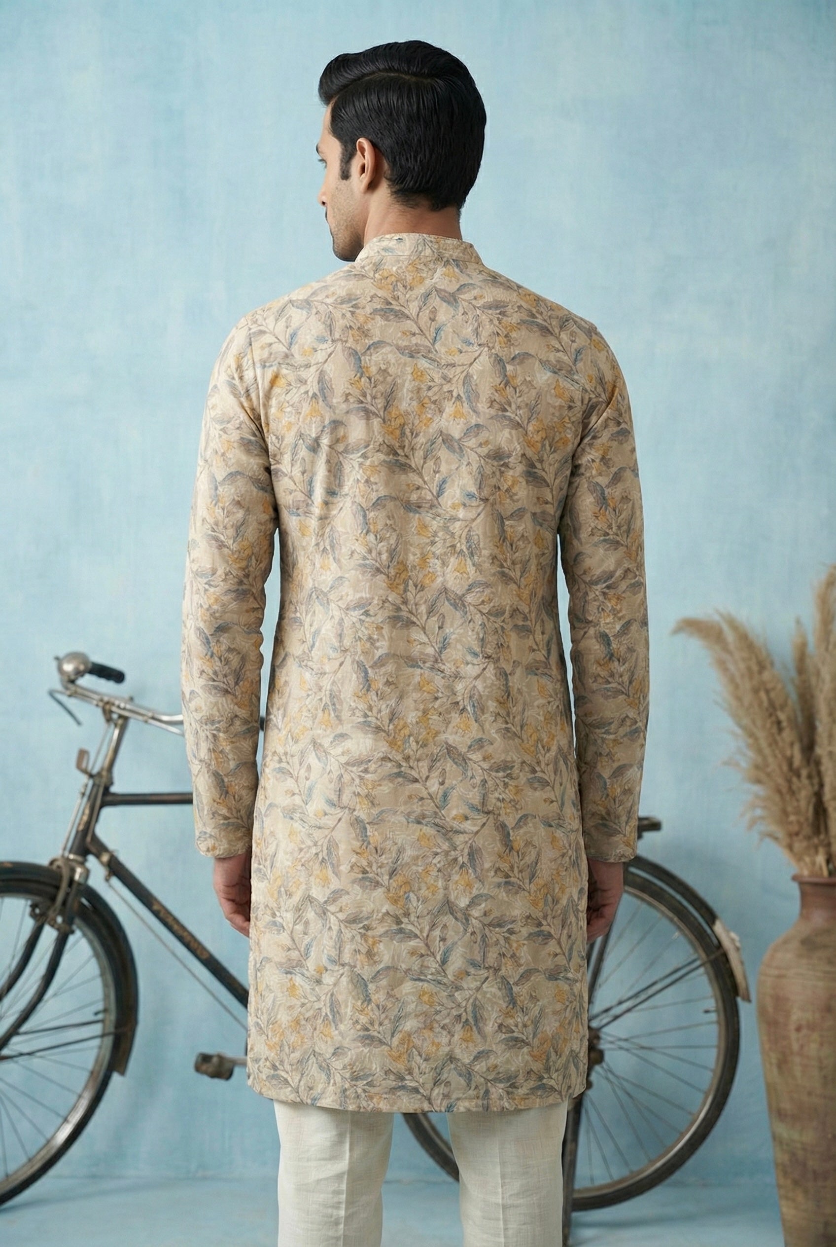 Beige Floral Vine Printed Kurta for Men
