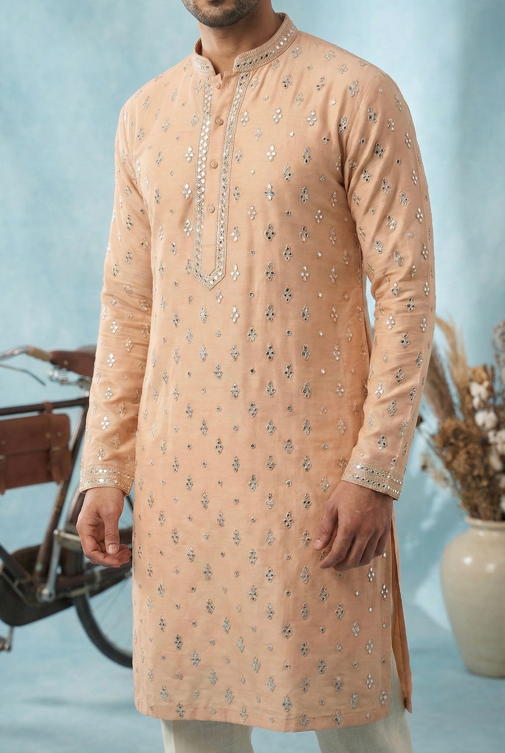 Peach Embroidered Festive Kurta Set for Men