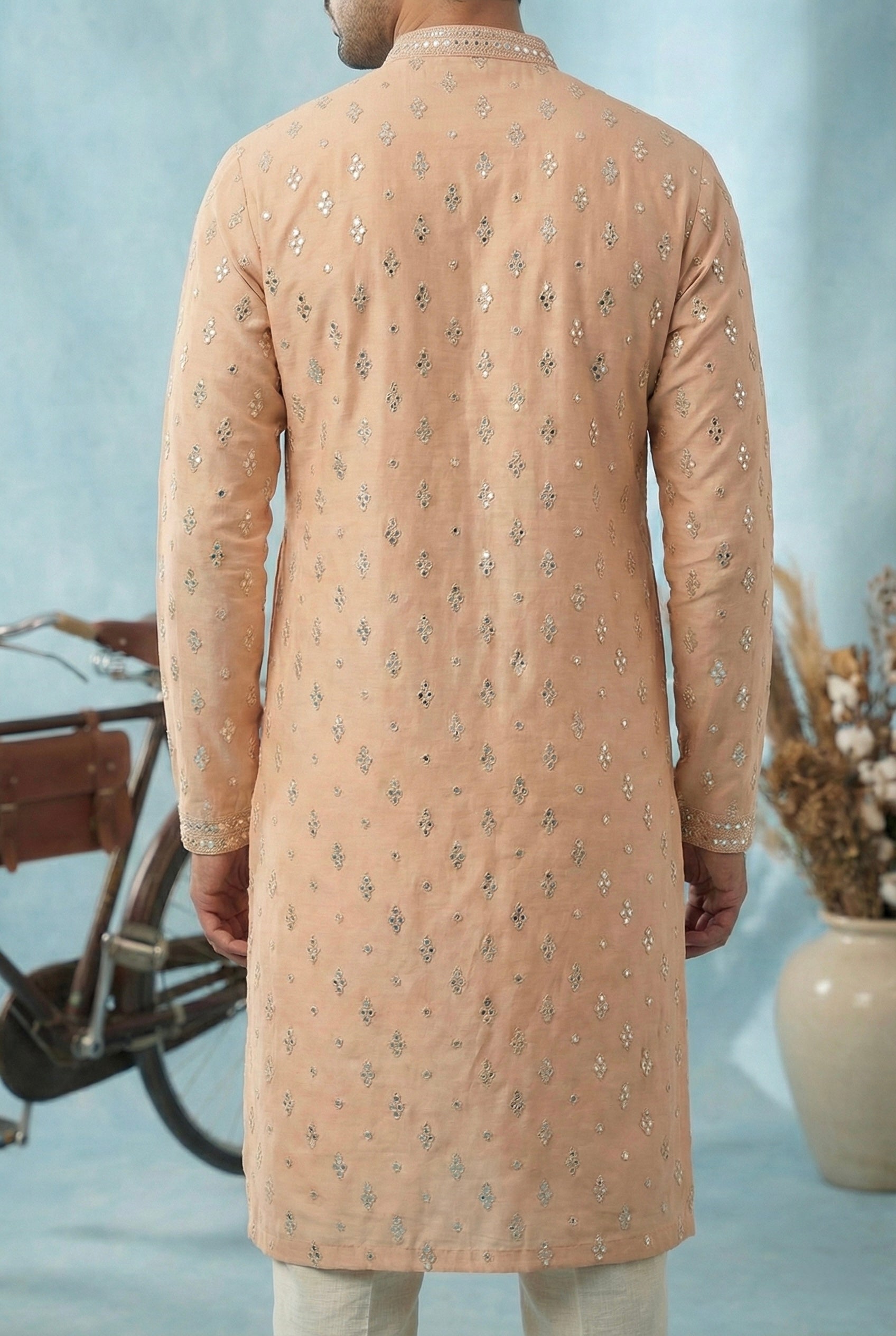 Peach Embroidered Festive Kurta Set for Men