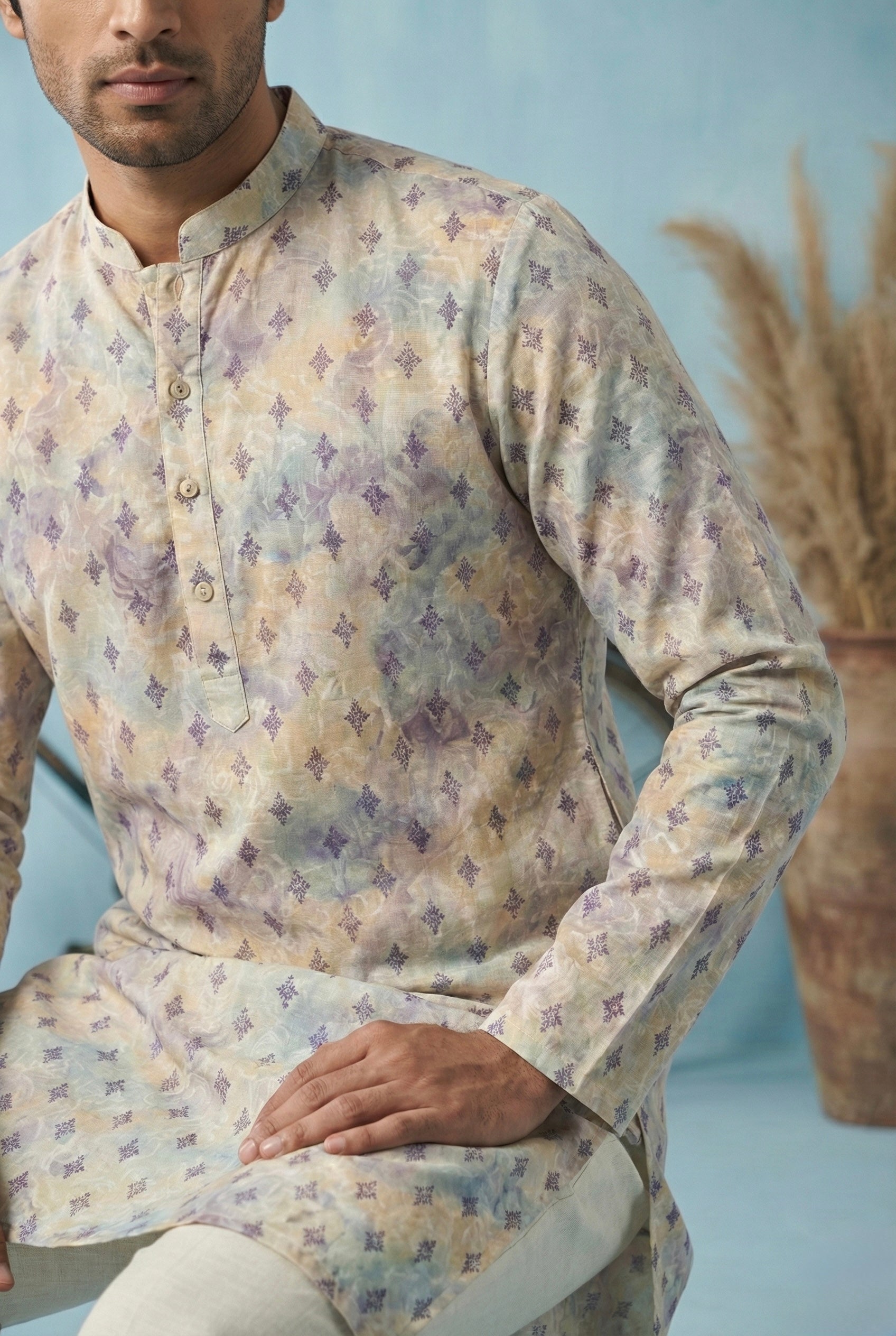Ivory Lilac Printed Festive Kurta Set for Men