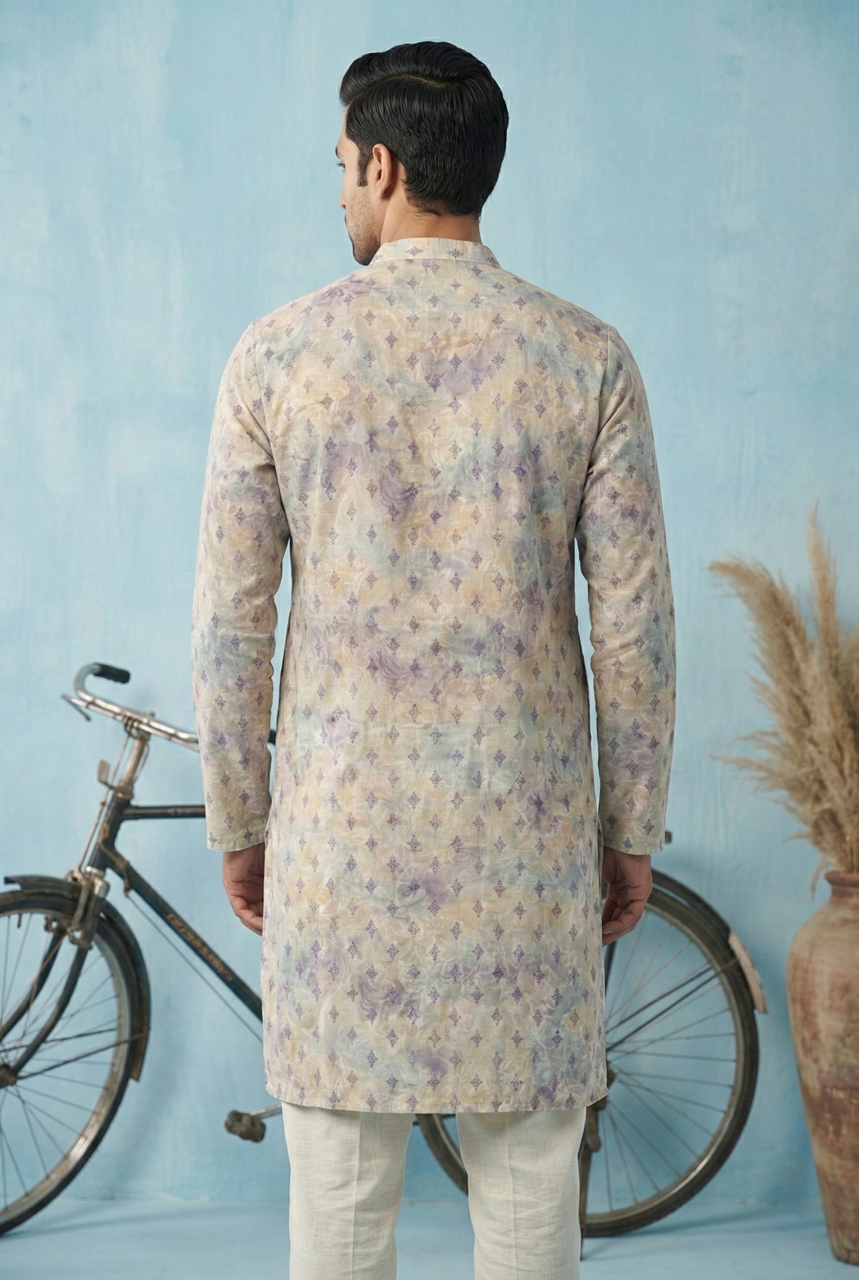 Ivory Lilac Printed Festive Kurta Set for Men