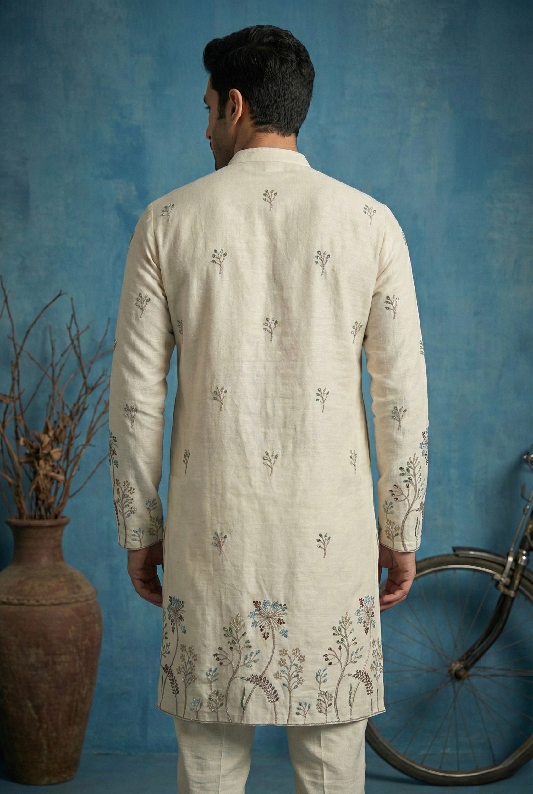 Ivory Botanical Embroidered Kurta Set for Men