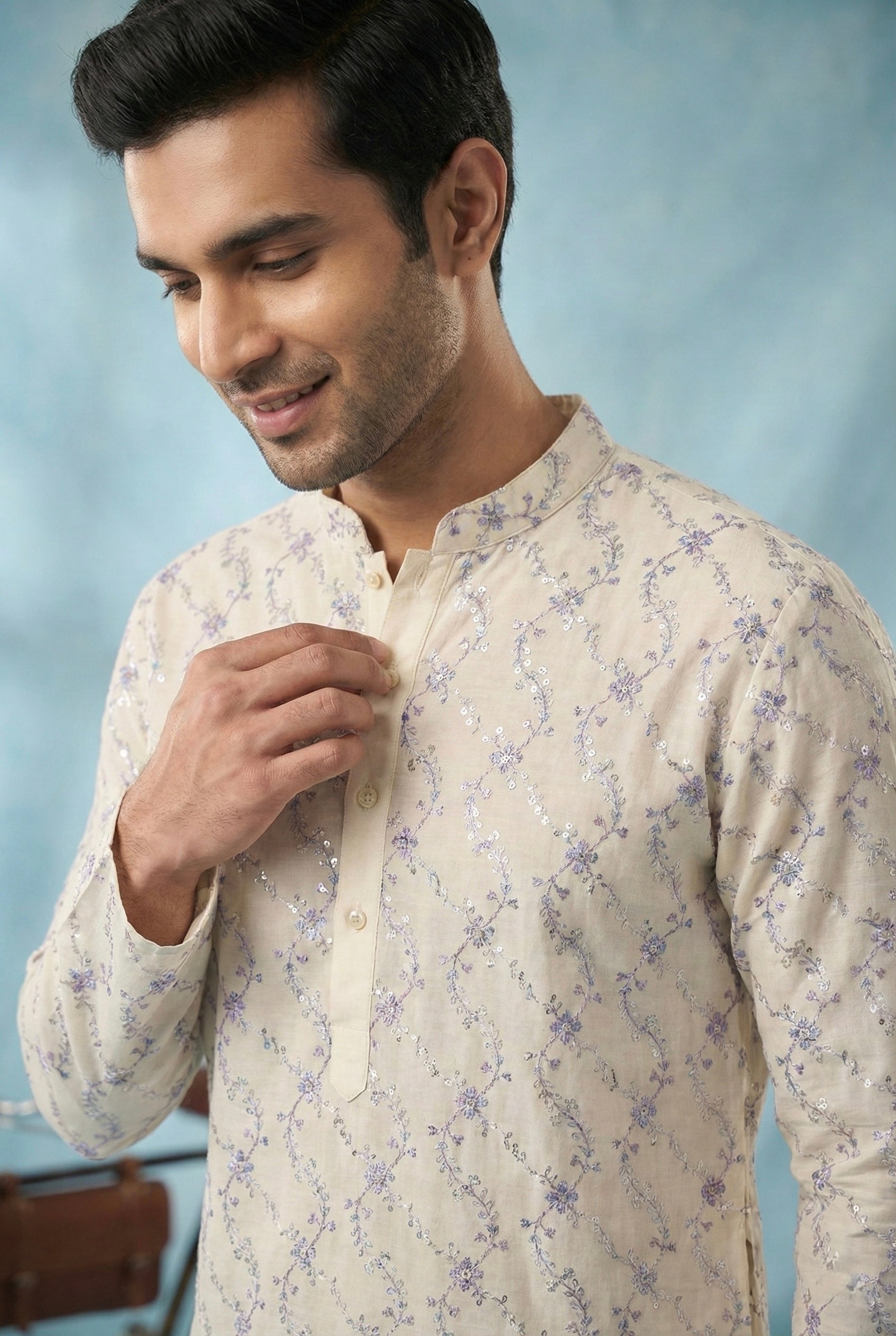 Ivory Lilac Vine Embroidered Kurta Set for Men