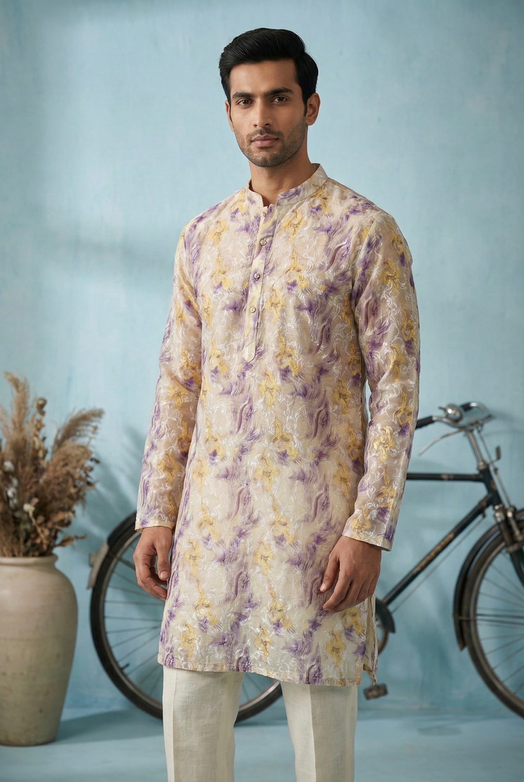 Ivory Lavender Abstract Printed Kurta Set for Men