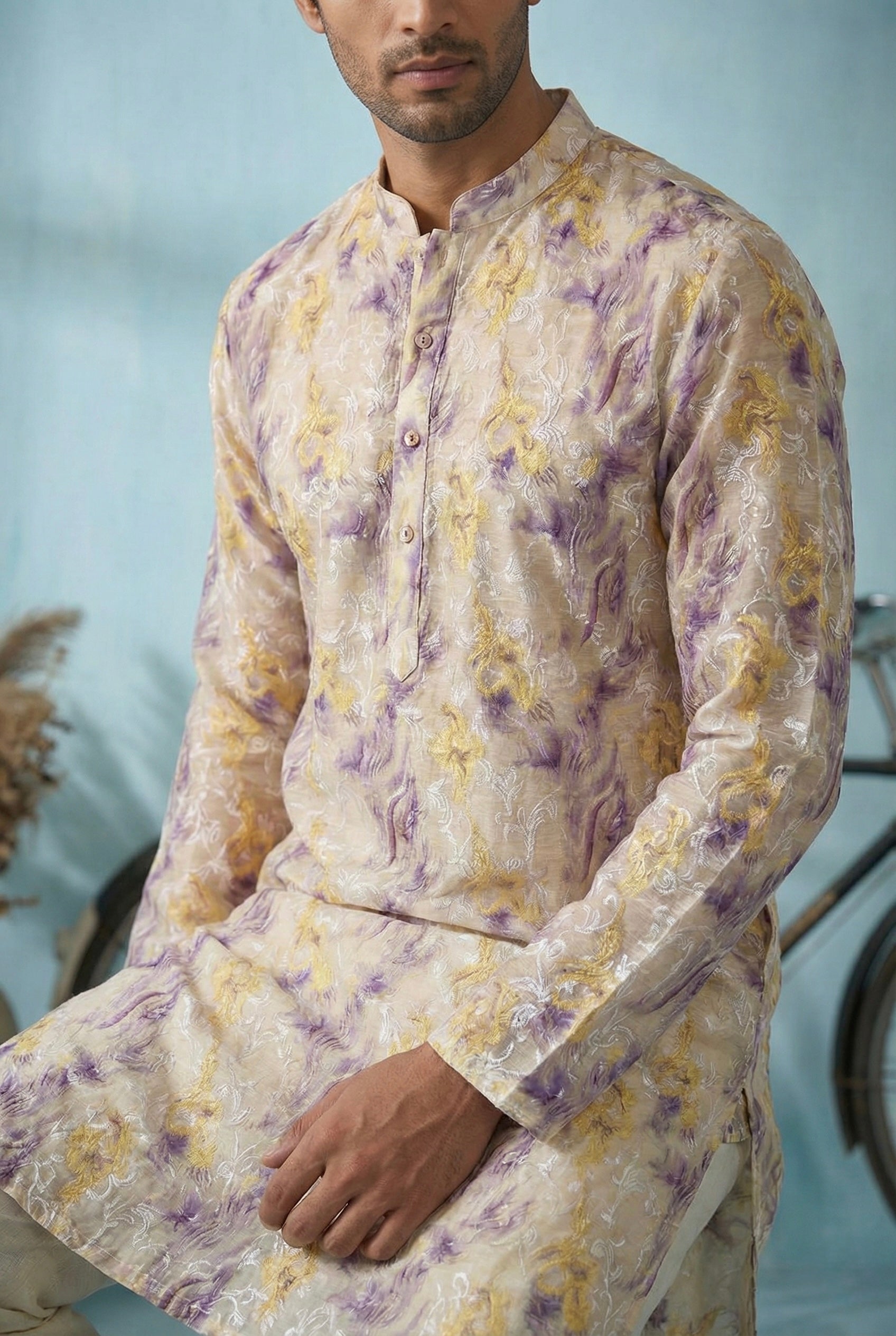 Ivory Lavender Abstract Printed Kurta Set for Men