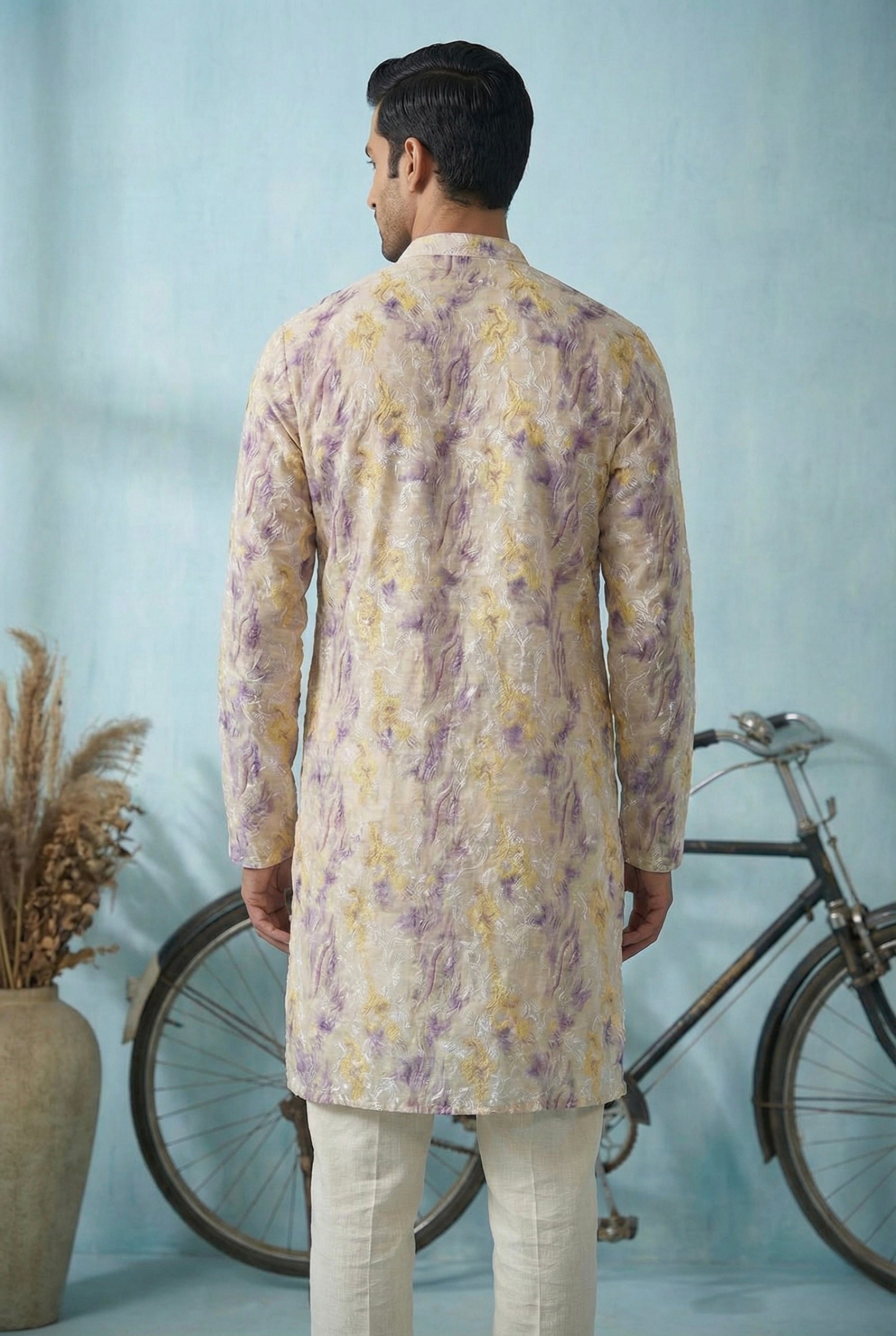 Ivory Lavender Abstract Printed Kurta Set for Men