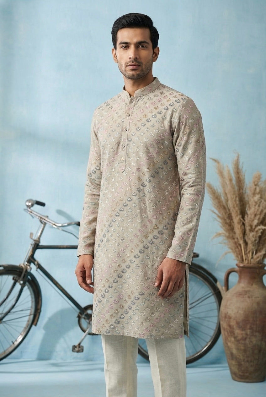 Stone Grey Pastel Motif Printed Kurta Set for Men