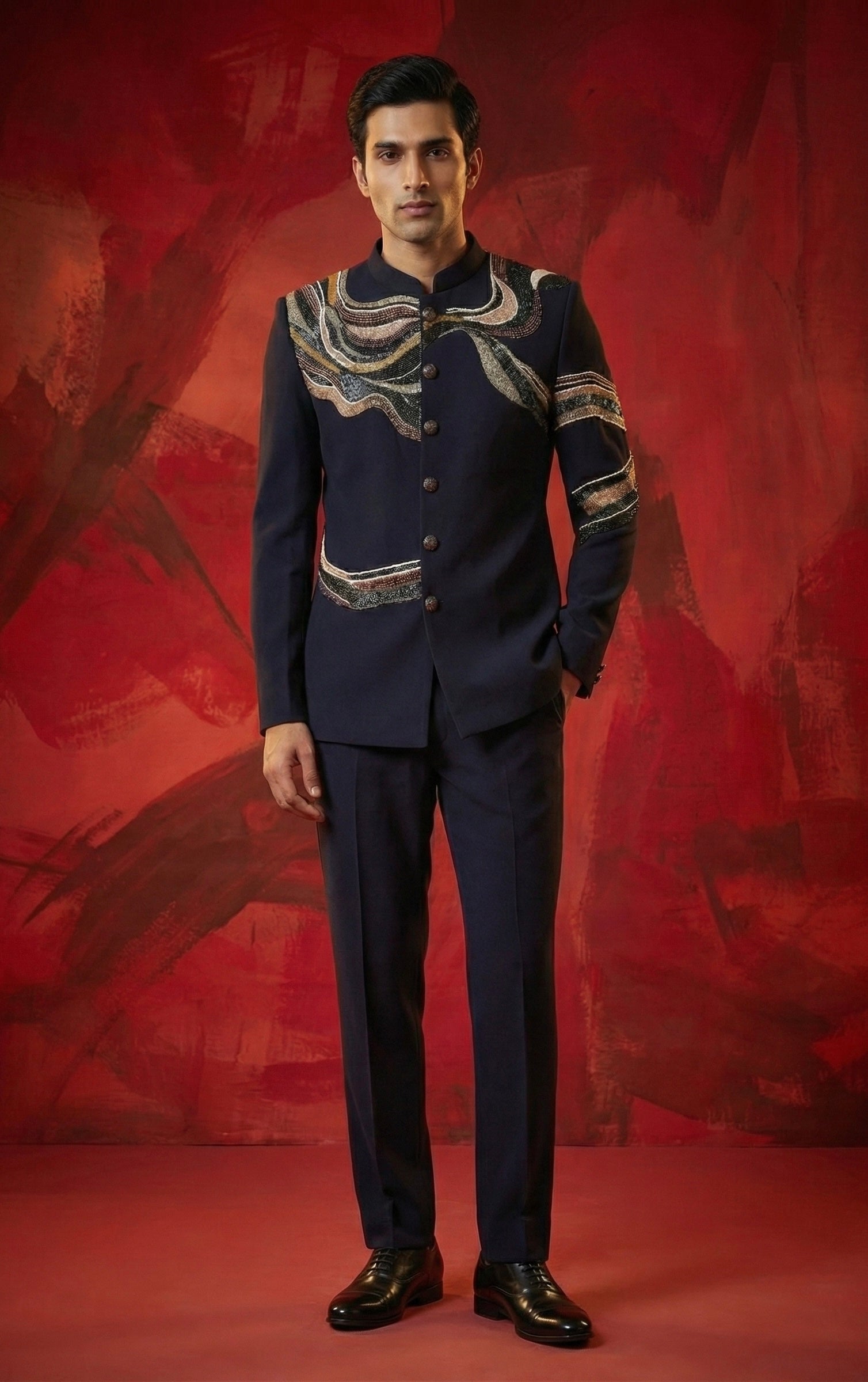 Midnight Crest Embroidered Bandhgala Set