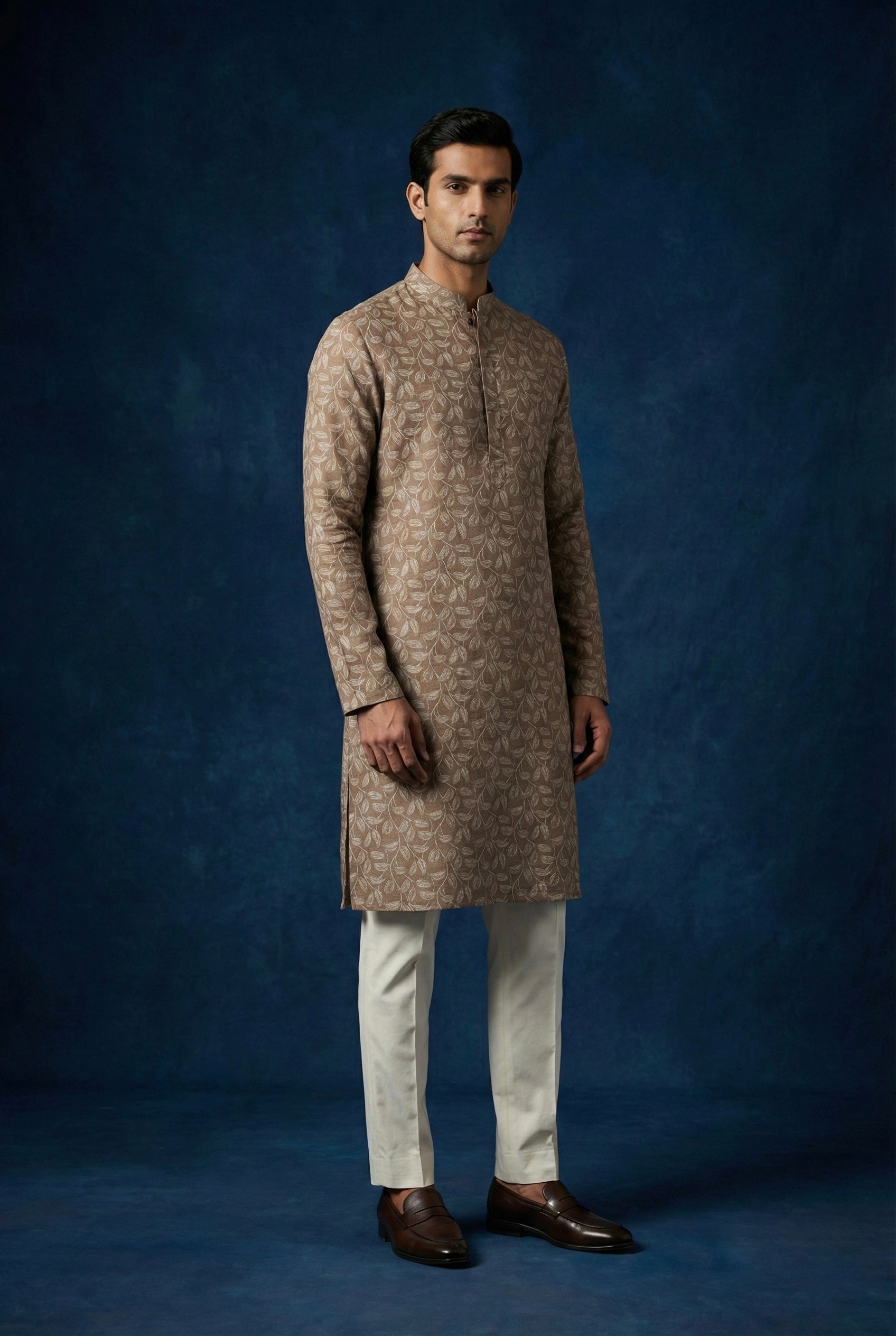 Earth-Tone Leaf Printed 100% Linen Kurta for Men