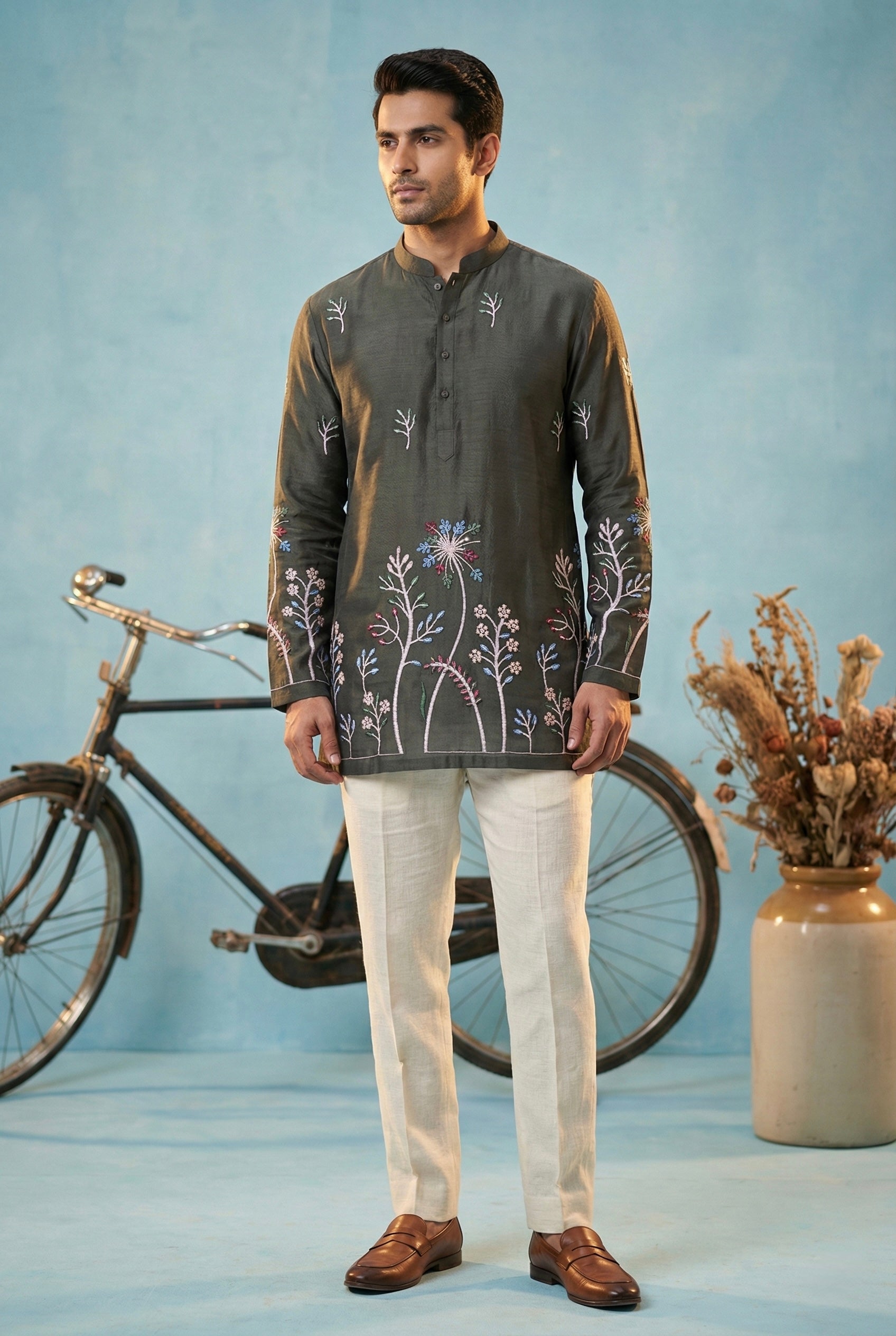 Charcoal Grey Floral Embroidered Kurta Set for Men
