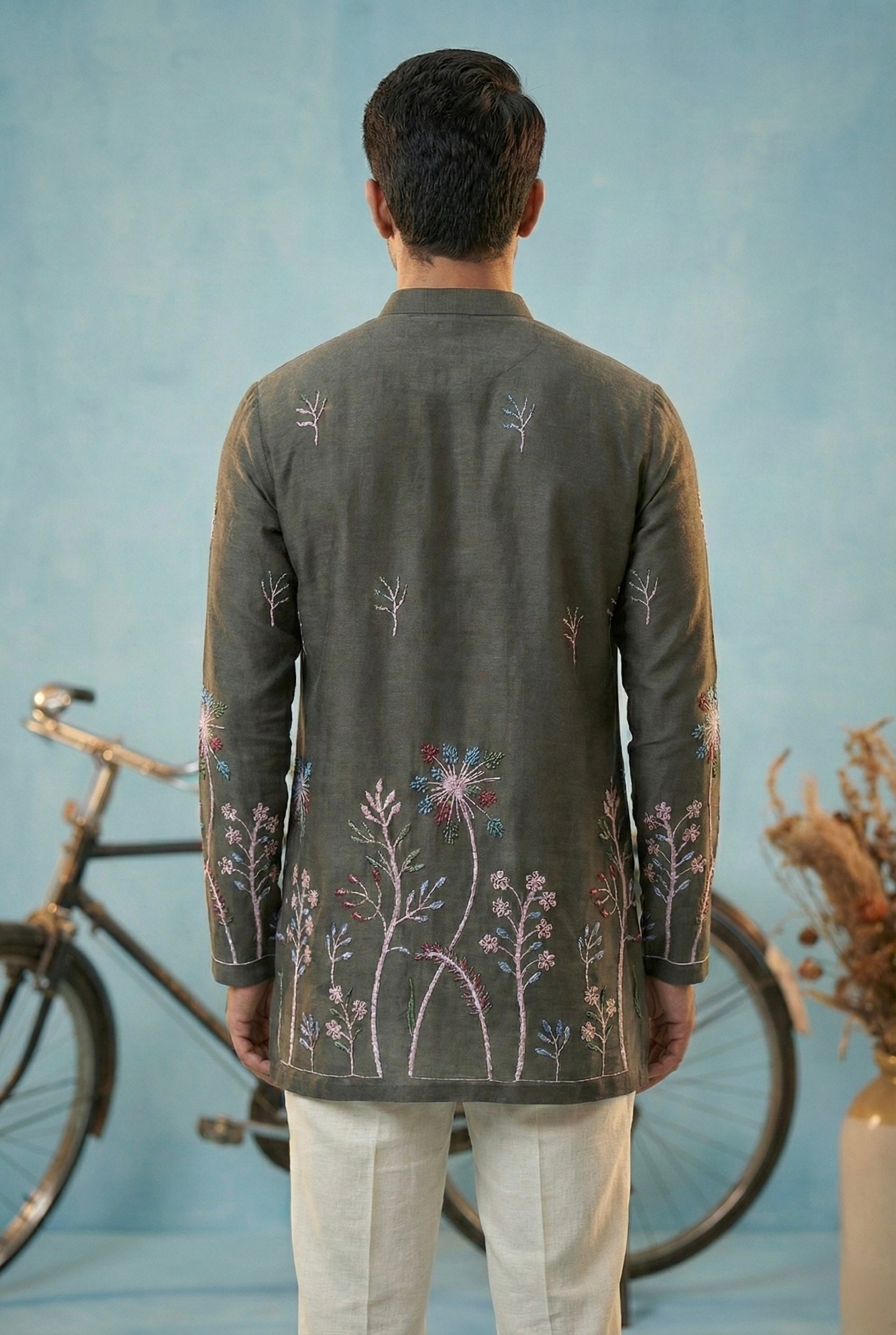 Charcoal Grey Floral Embroidered Kurta Set for Men