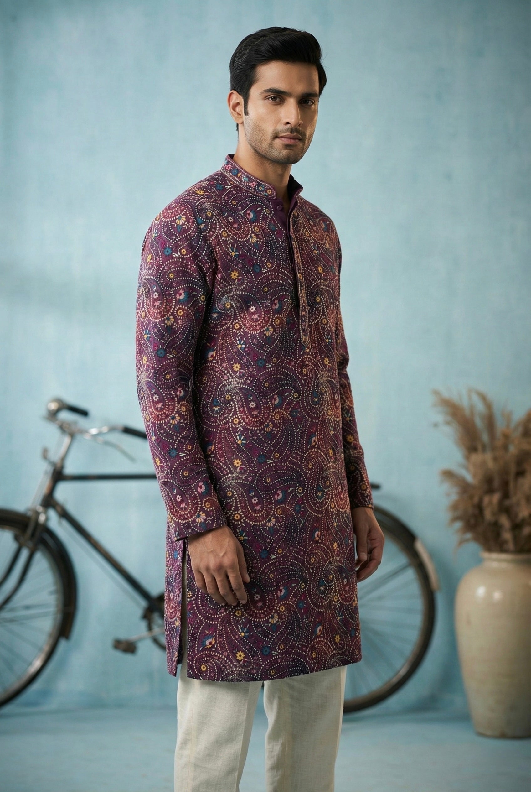 Plum Paisley Printed Kurta for Men