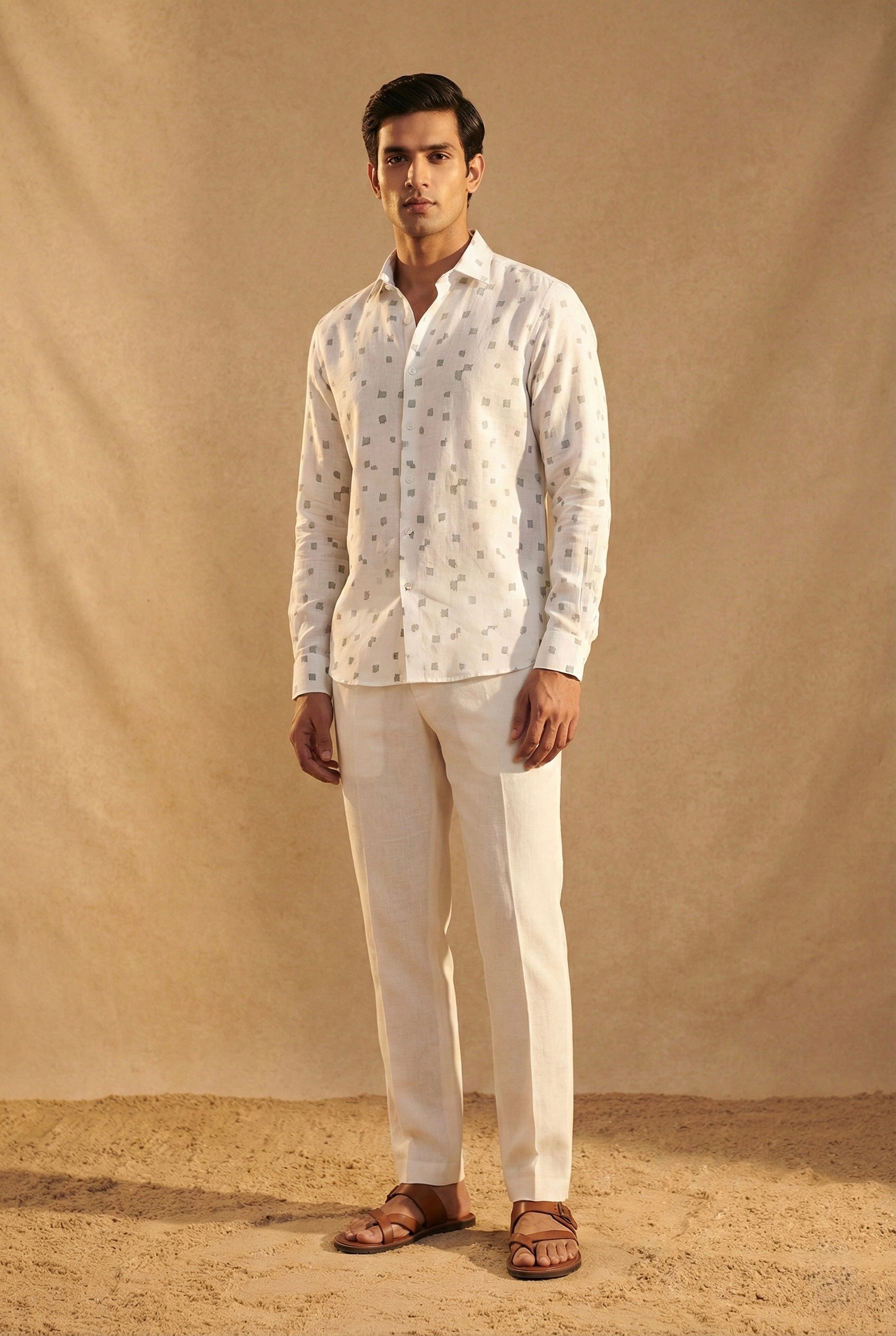Ivory Printed Linen Shirt for Men