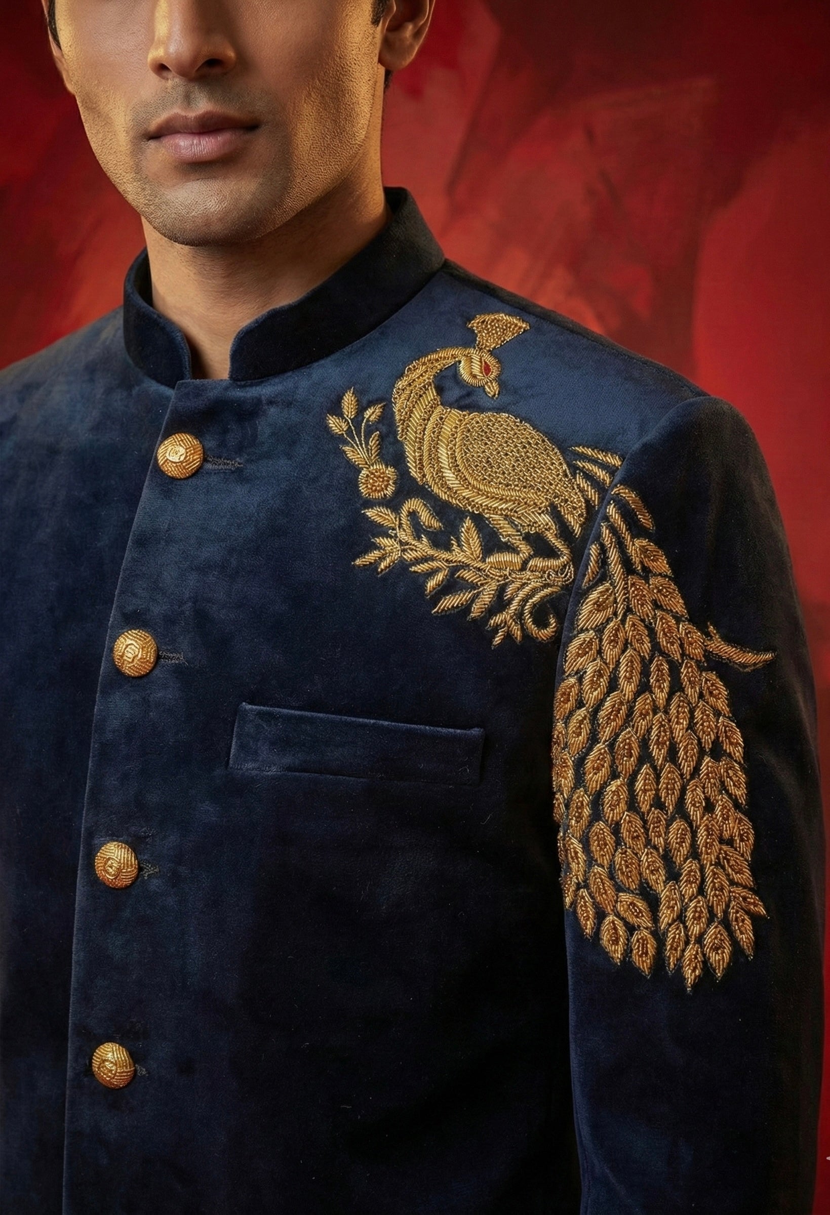 Royal Plume Embroidered Velvet Sherwani Set