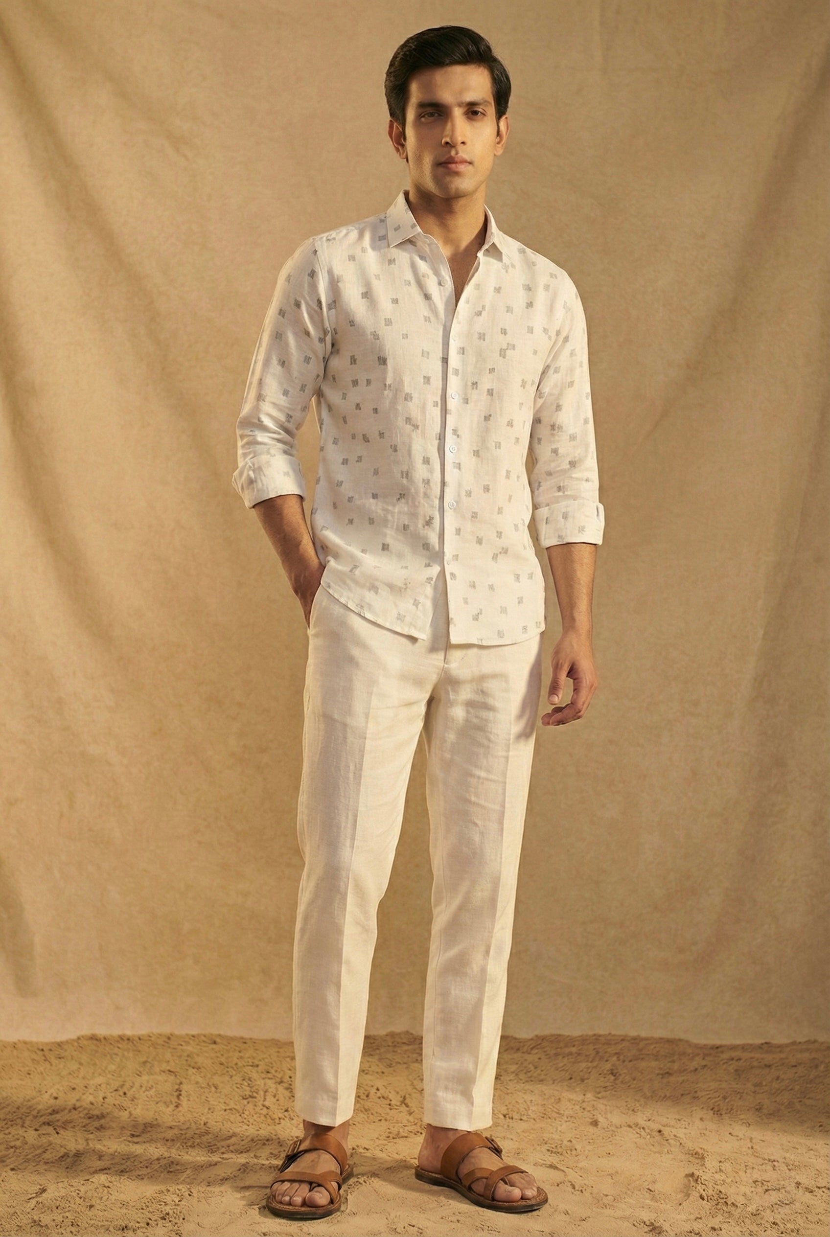 Ivory Printed Linen Shirt for Men