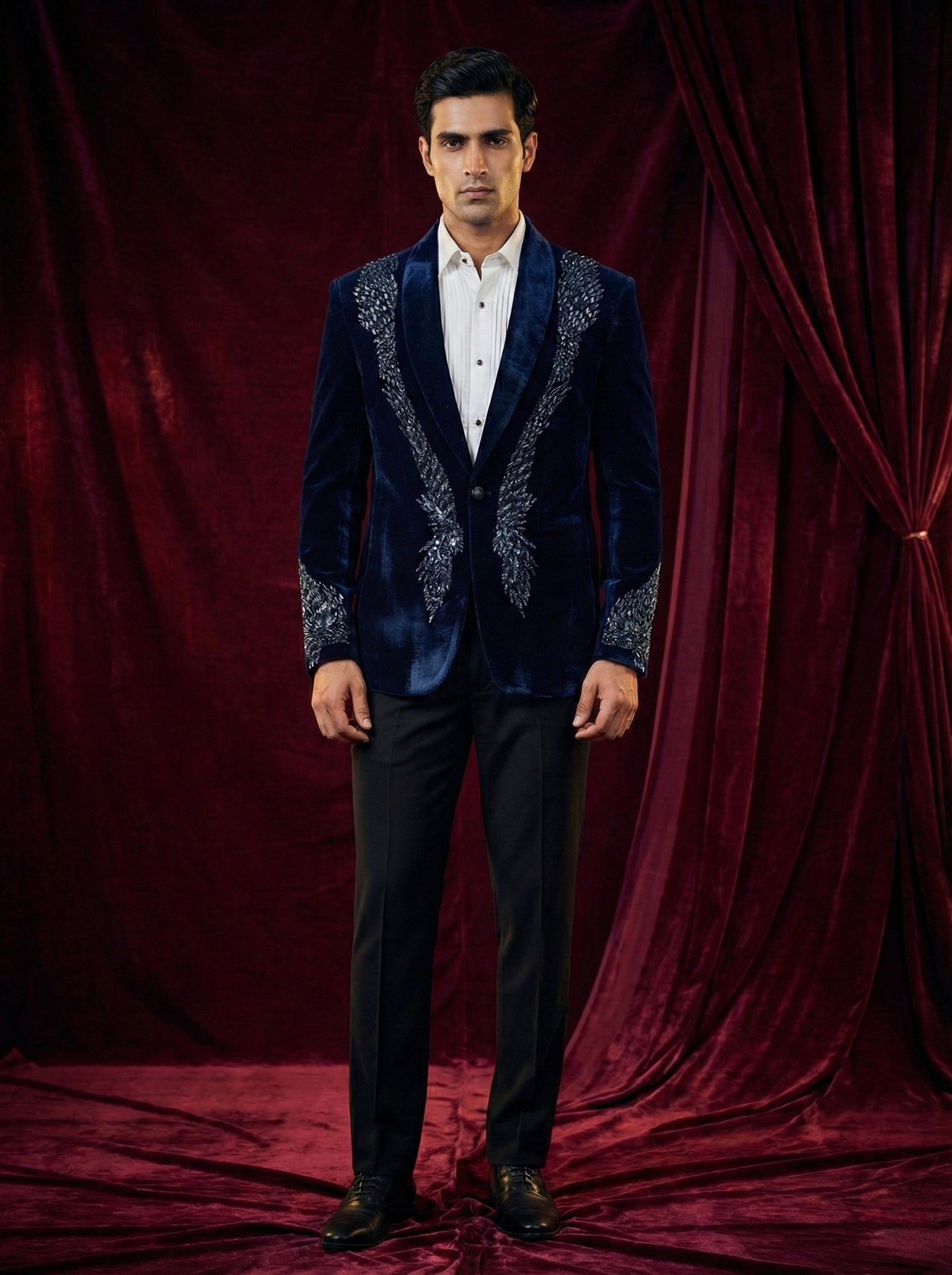 Midnight Blue Velvet Embroidered Evening Blazer