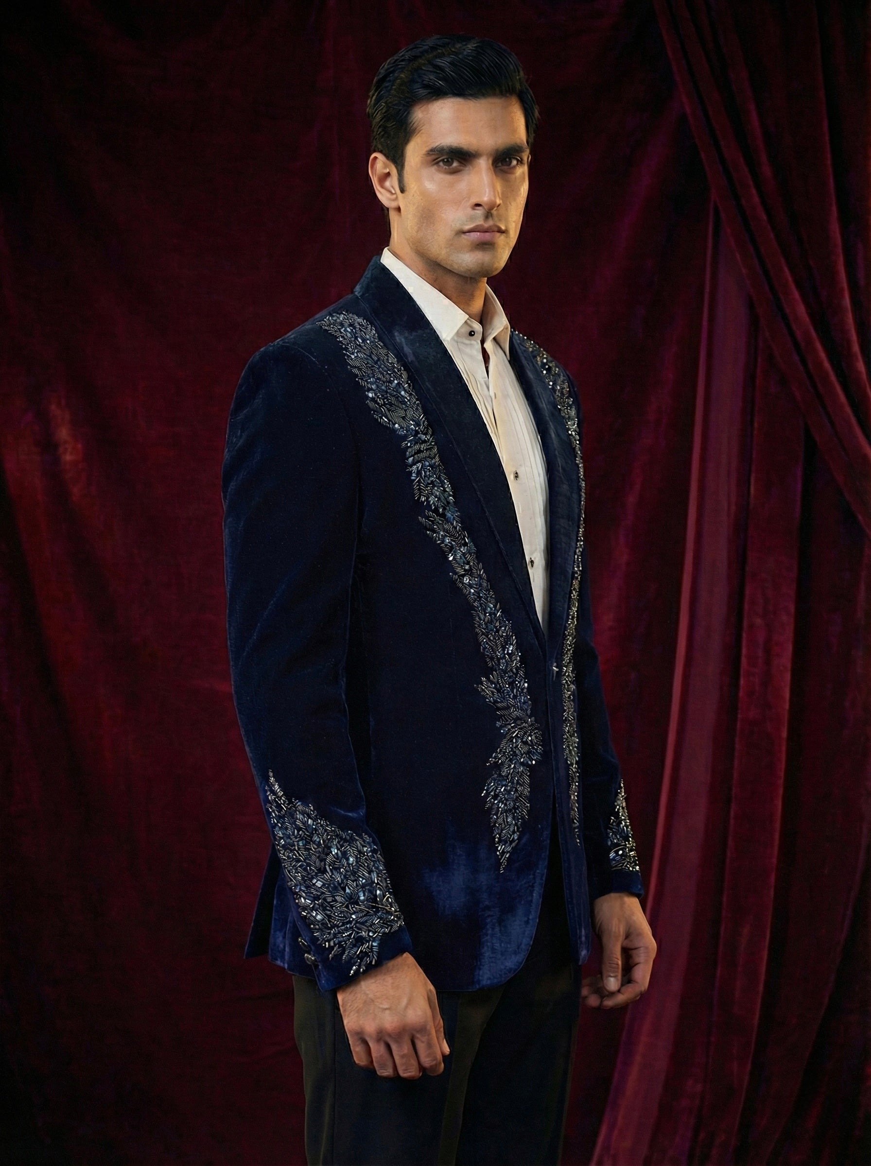 Midnight Blue Velvet Embroidered Evening Blazer