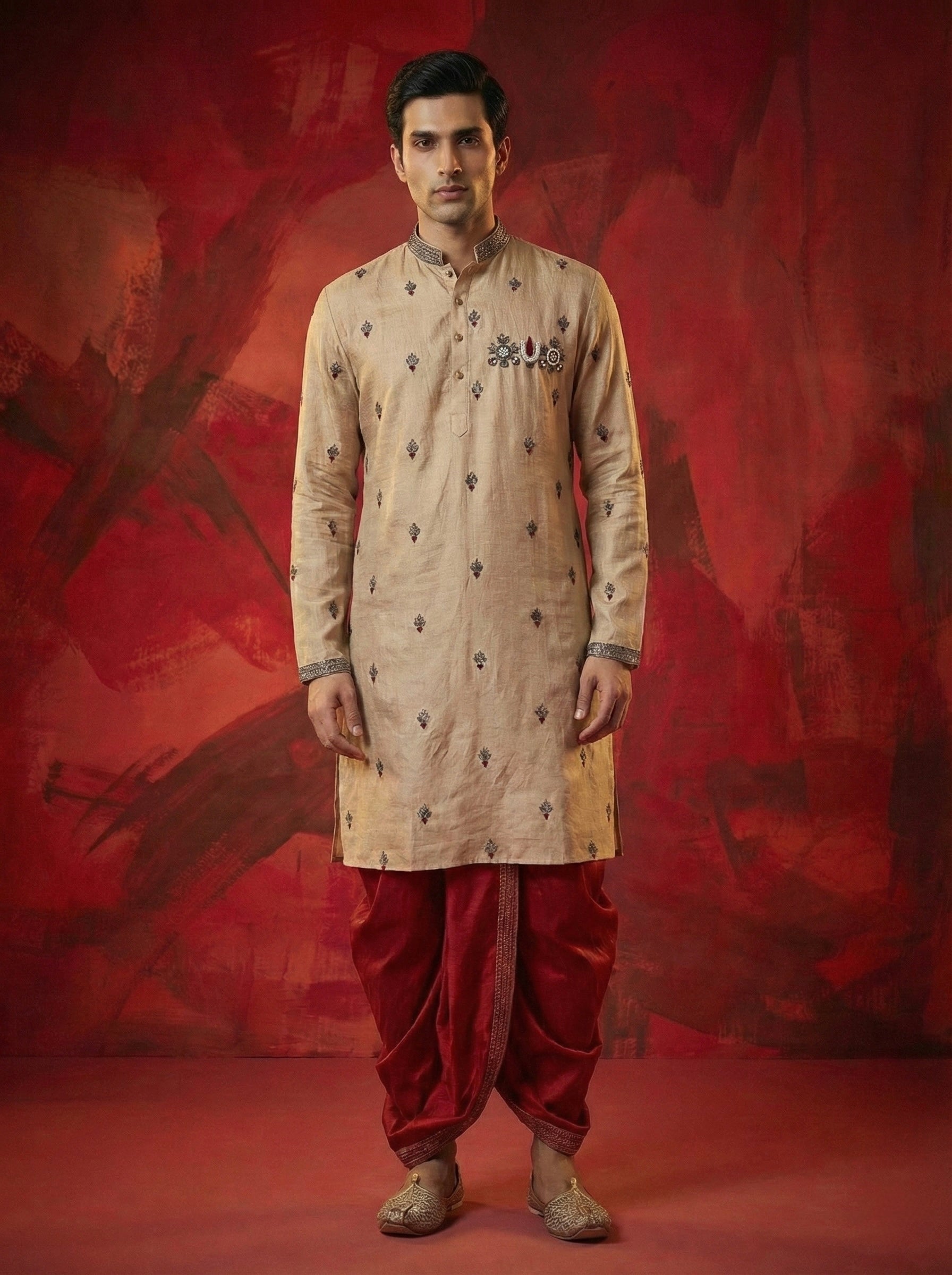 Ivory Sand Embroidered Kurta with Red Dhoti Set