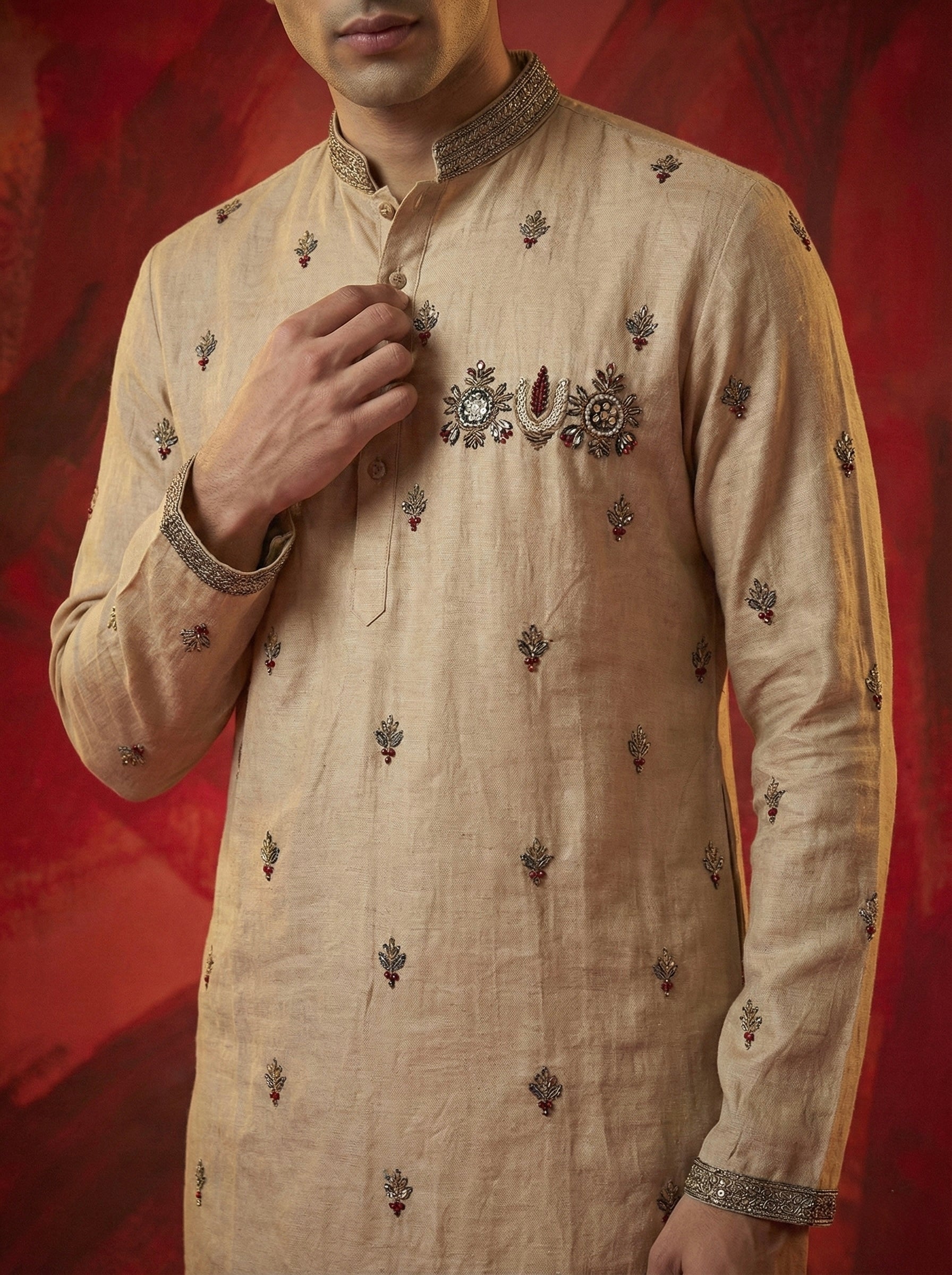 Ivory Sand Embroidered Kurta with Red Dhoti Set