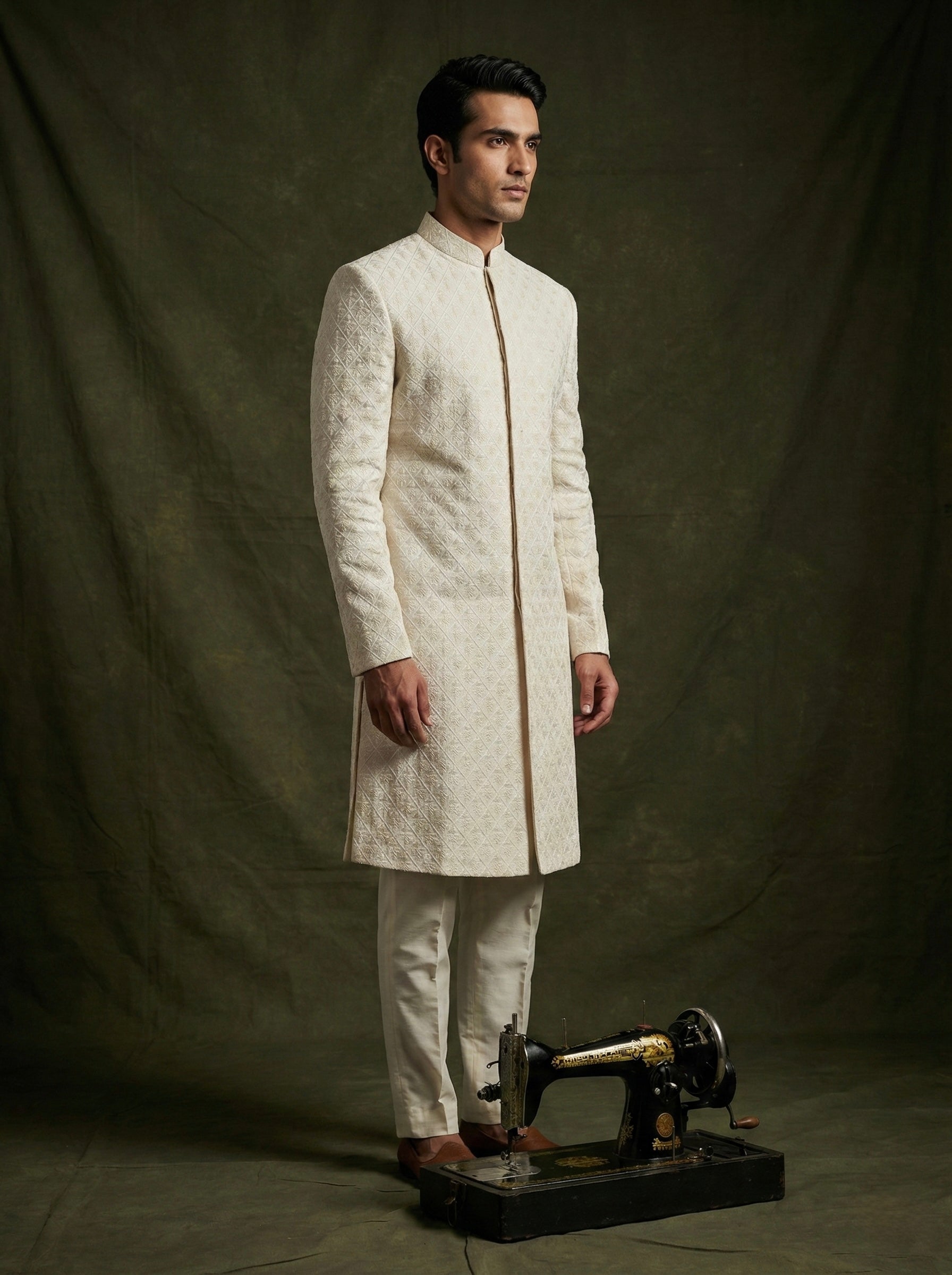 Ivory Textured Embroidered Sherwani Set for Men
