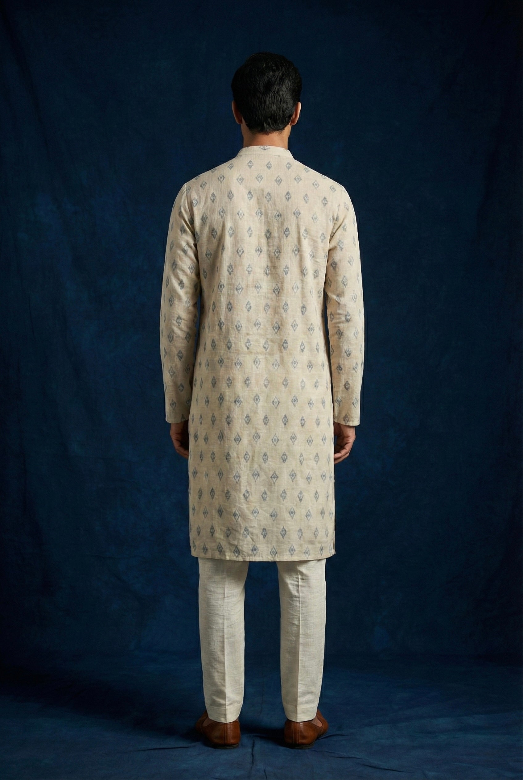 Ivory Geometric Printed 100% Linen Kurta for Men