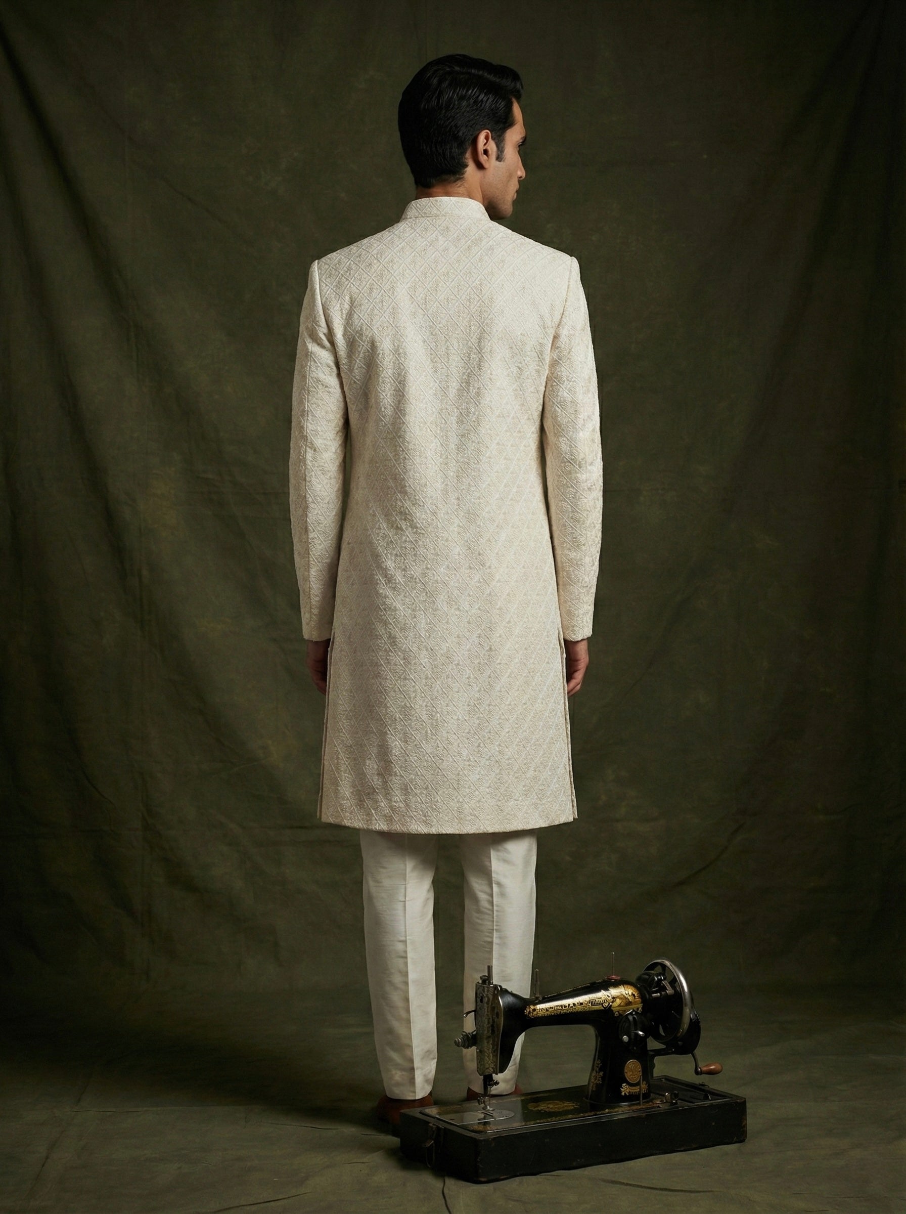 Ivory Textured Embroidered Sherwani Set for Men