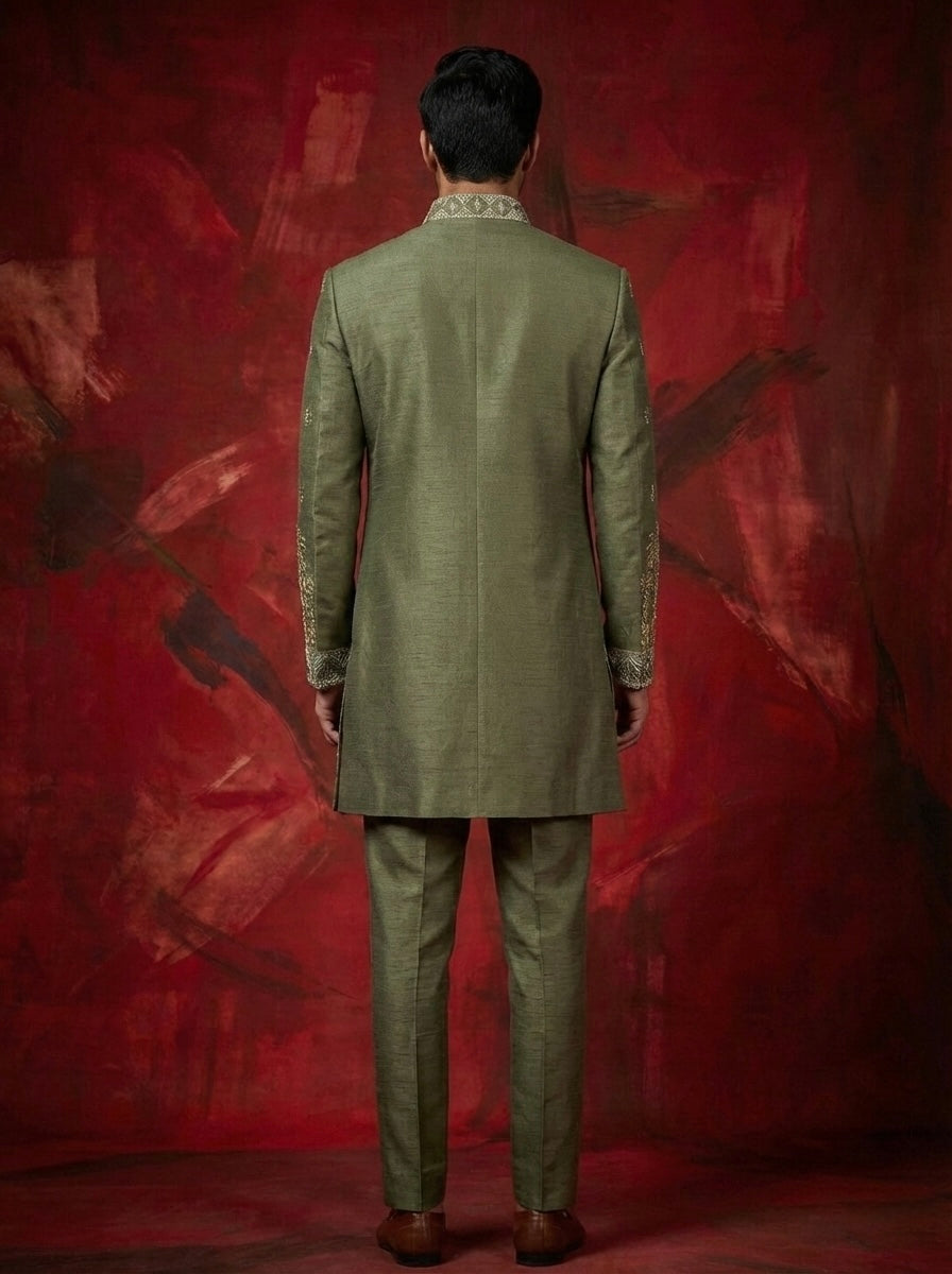 Green Linen Silk Zari Handwork Open Sherwani Set