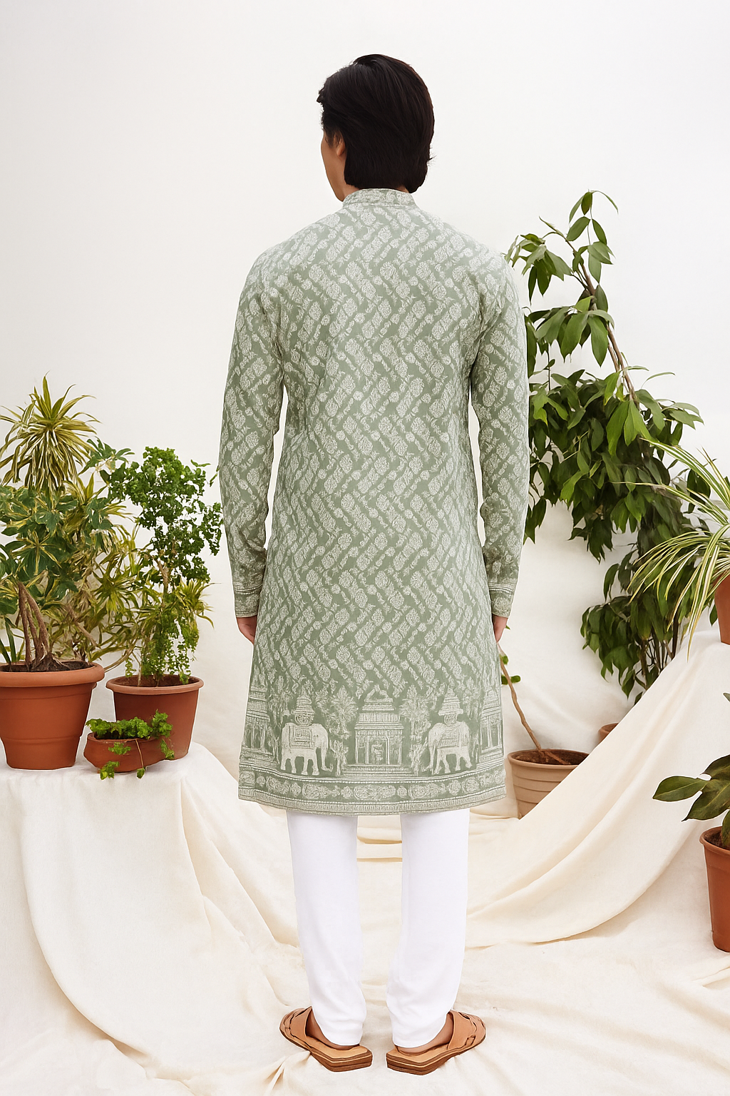 Green embroidered Kurta for Men – Traditional Ethnic Wear with Heritage Motifs