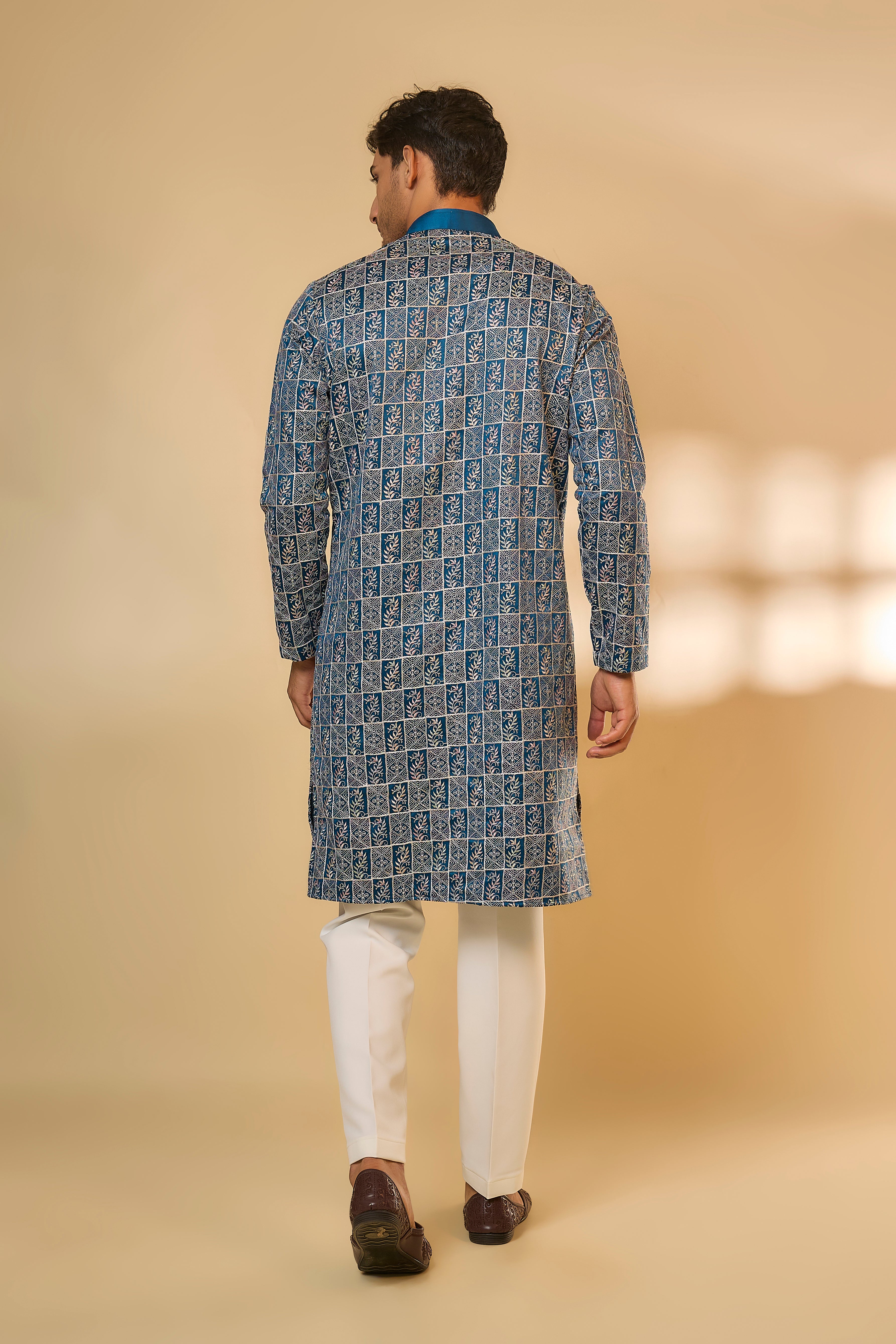 Teal Blue Malai Cotton Silk Machine Embroidered Kurta Set