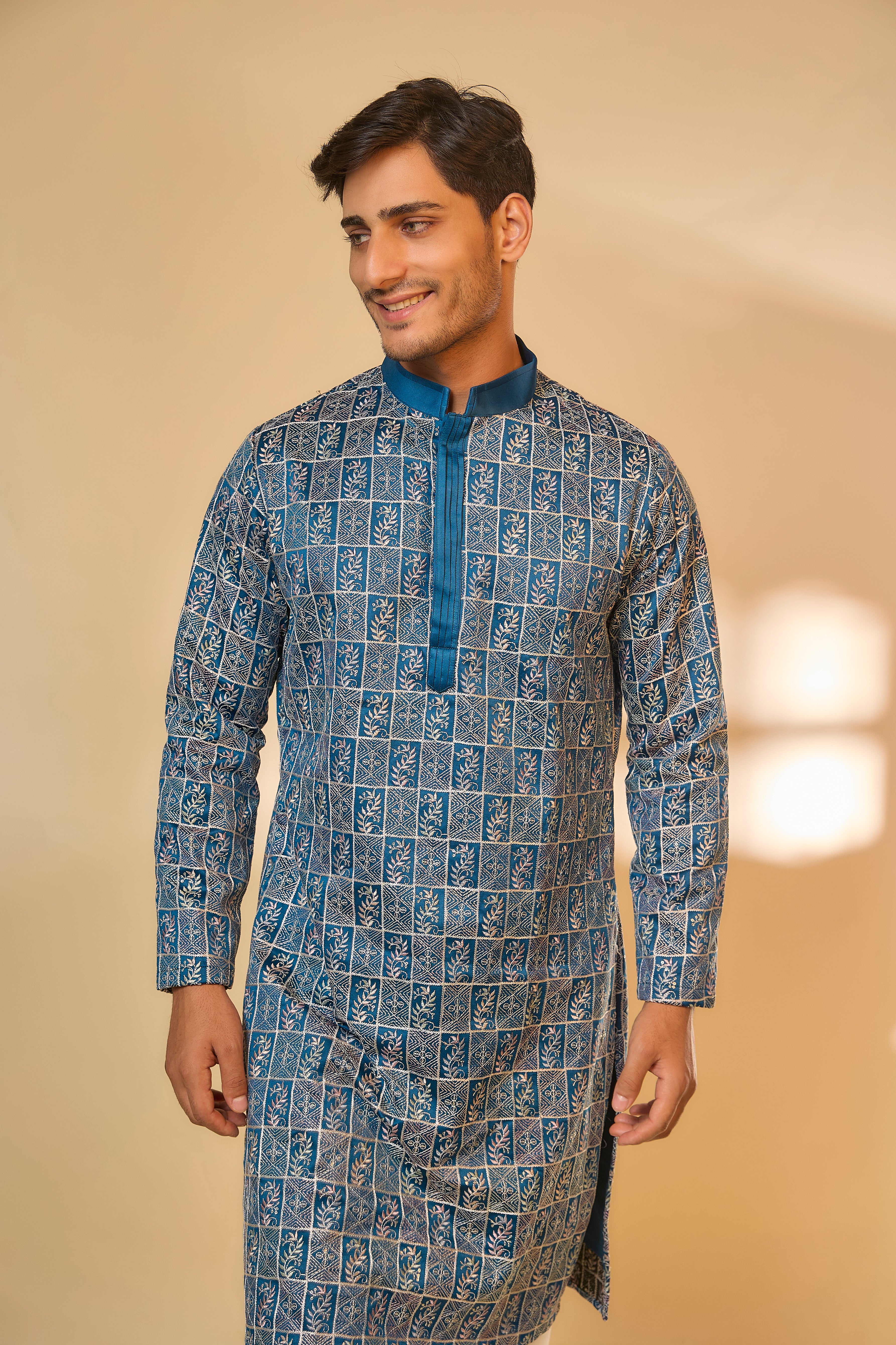Teal Blue Malai Cotton Silk Machine Embroidered Kurta Set