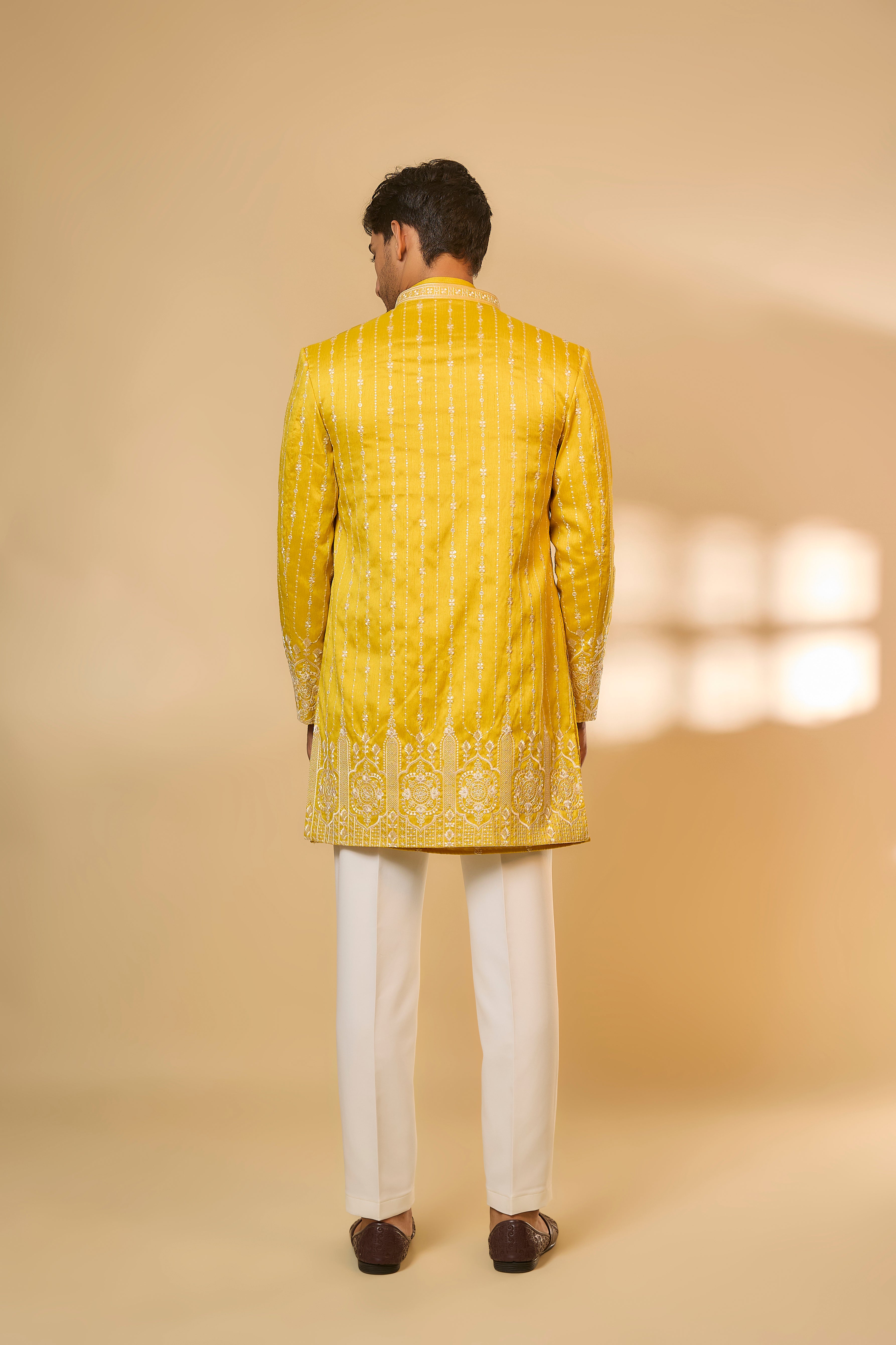 Yellow Cotton Silk Machine Embroidered Sherwani Set