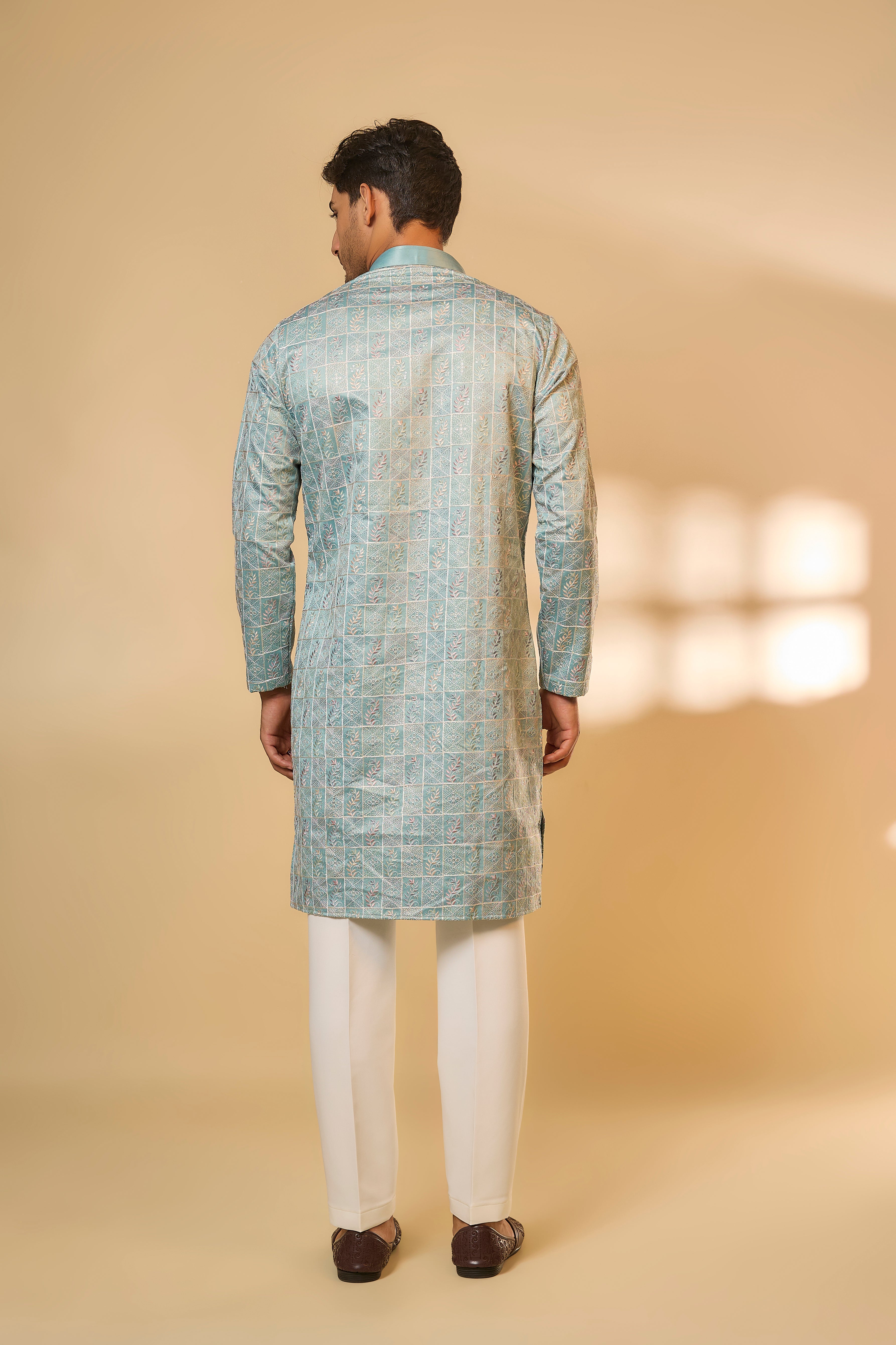 Sea Green Malai Cotton Machine Embroidered Kurta Set
