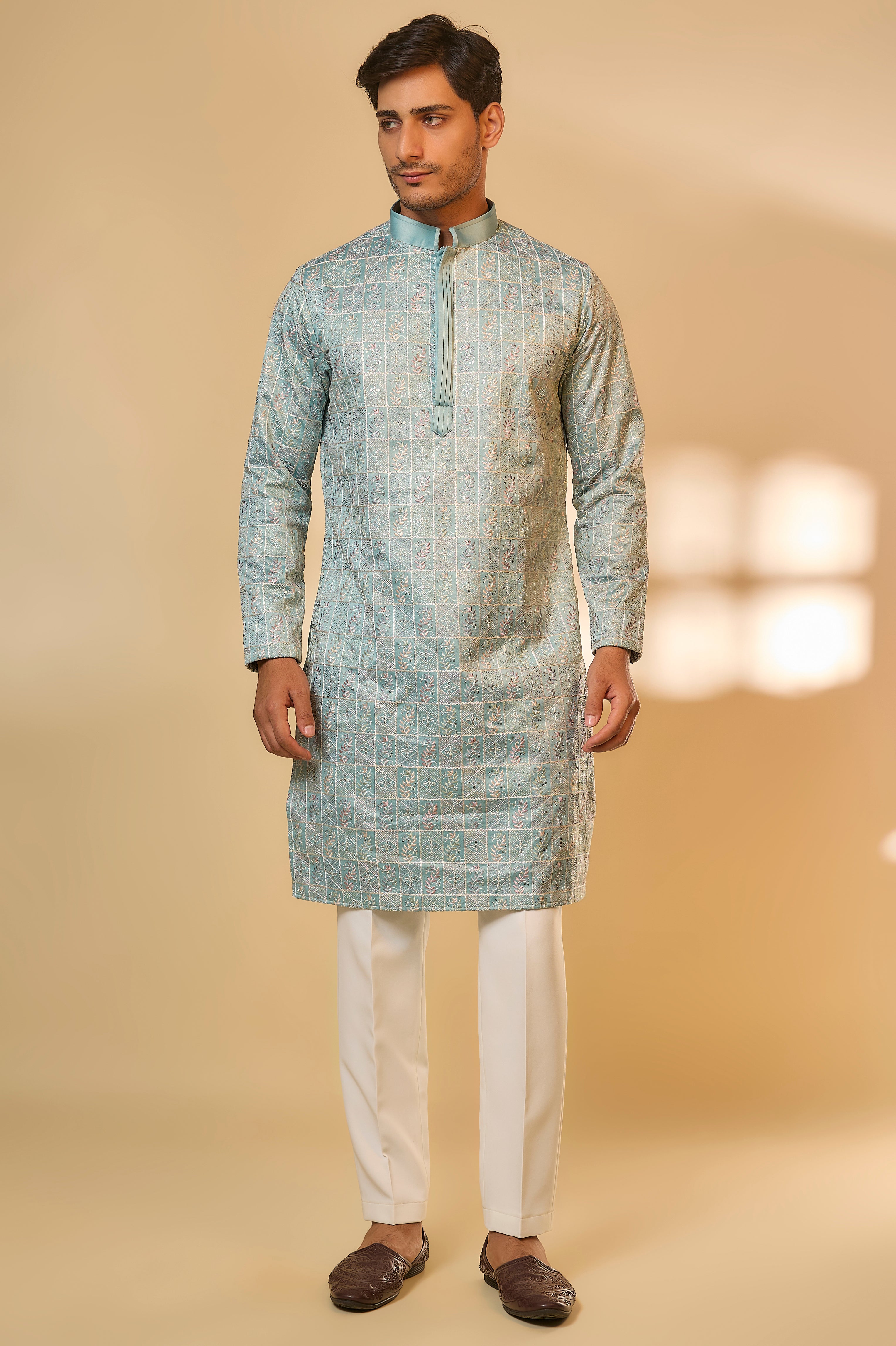 Sea Green Malai Cotton Machine Embroidered Kurta Set