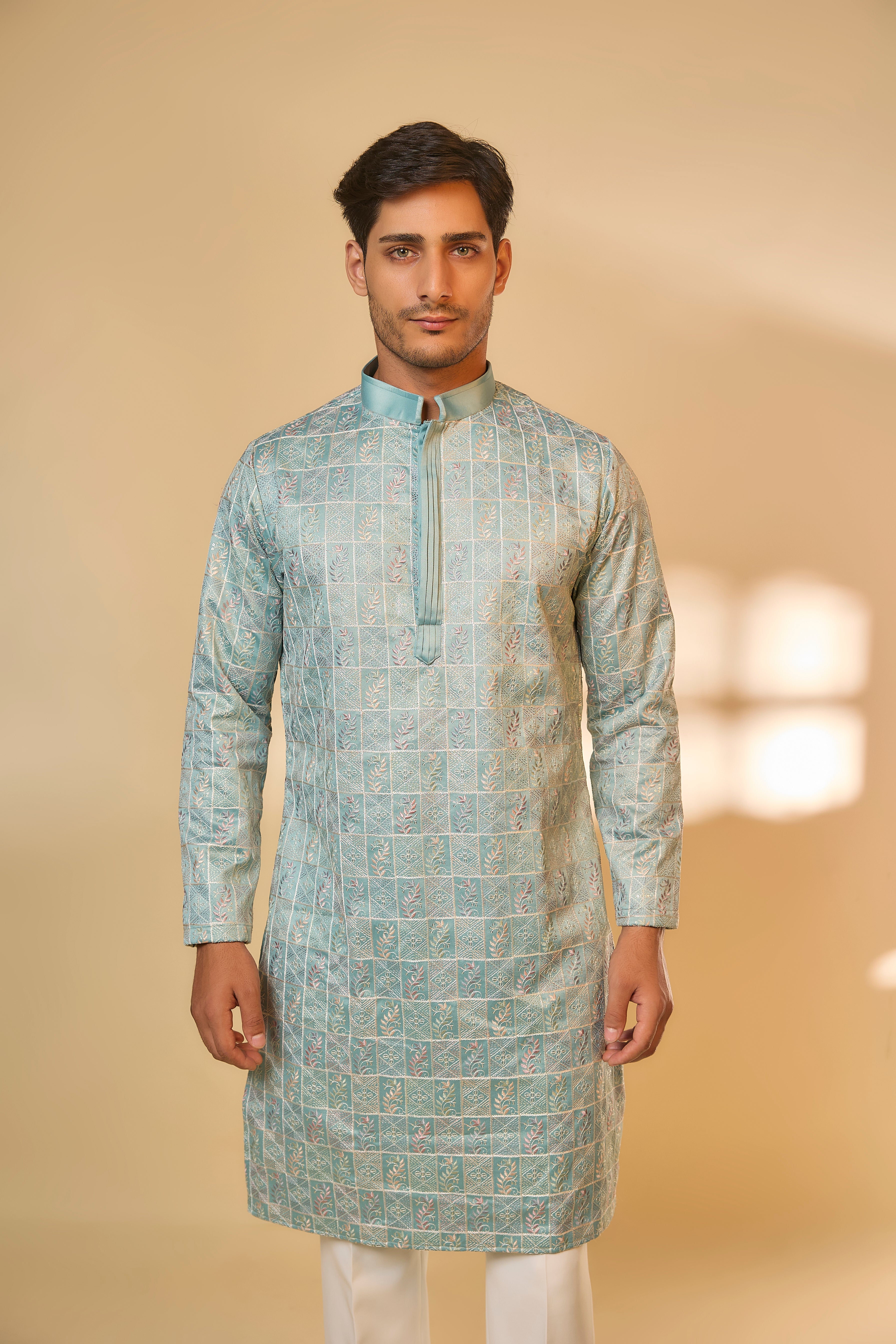 Sea Green Malai Cotton Machine Embroidered Kurta Set