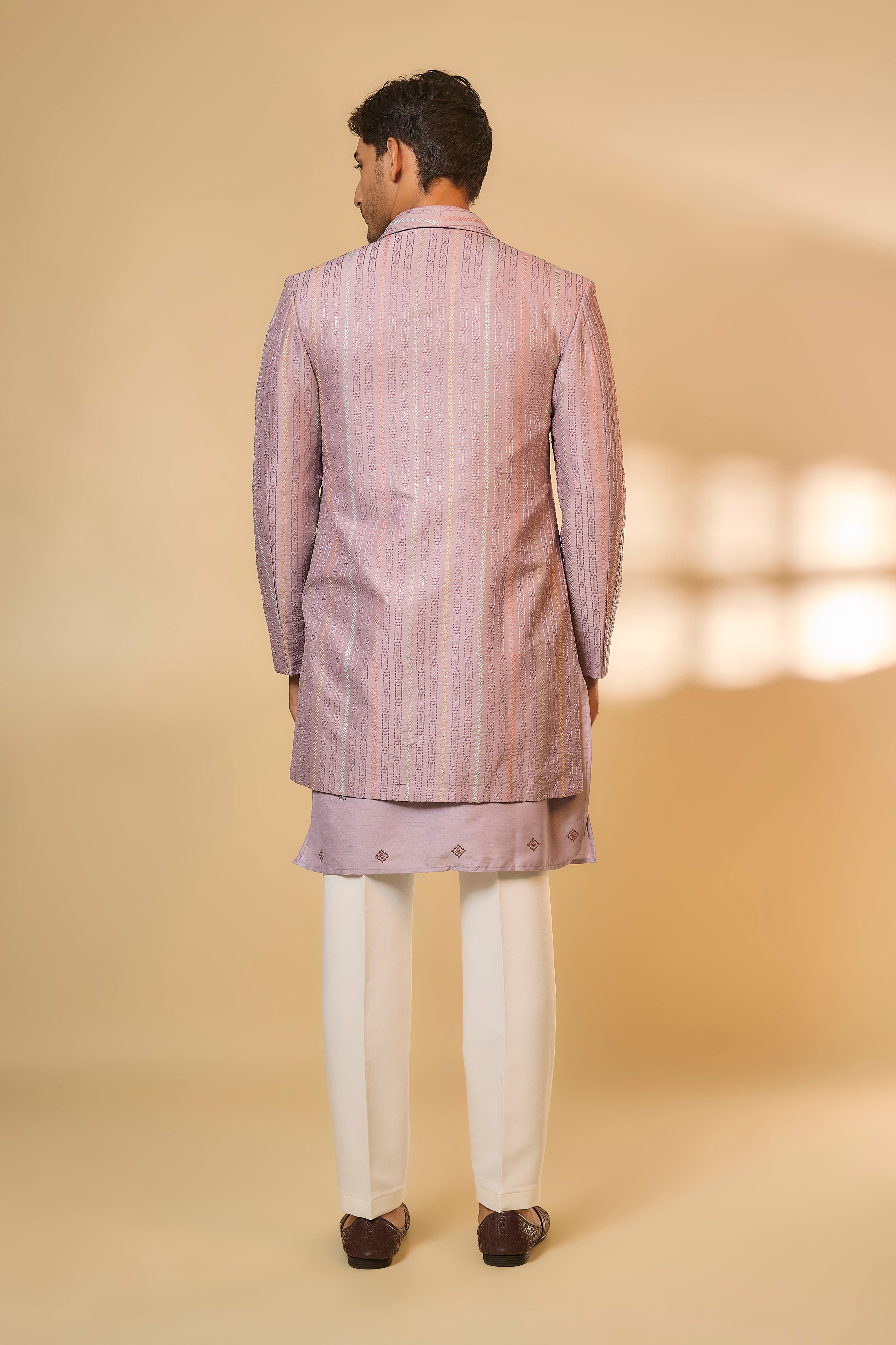 Lavender Cotton Silk Machine Embroidered Sherwani Set