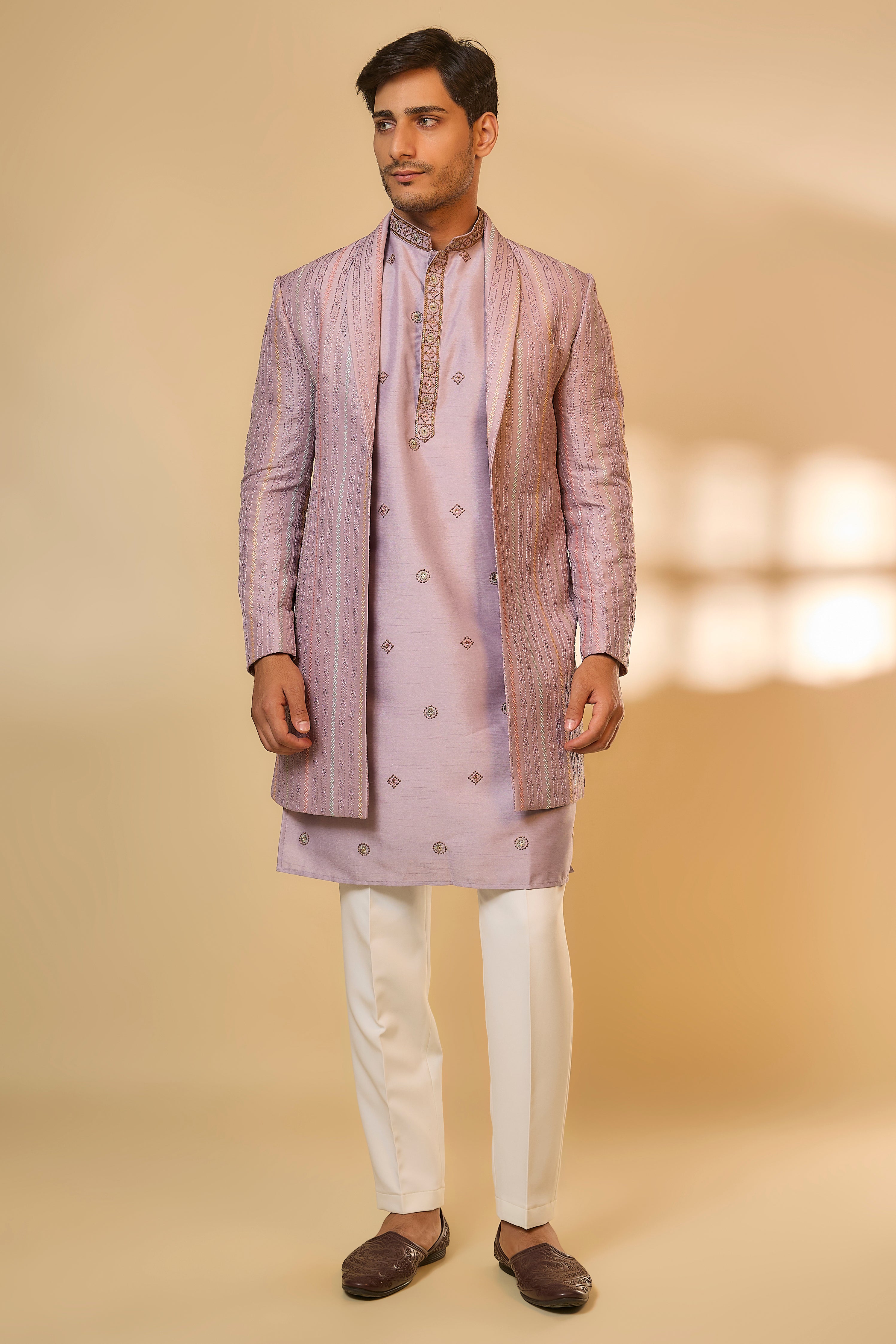 Lavender Cotton Silk Machine Embroidered Sherwani Set
