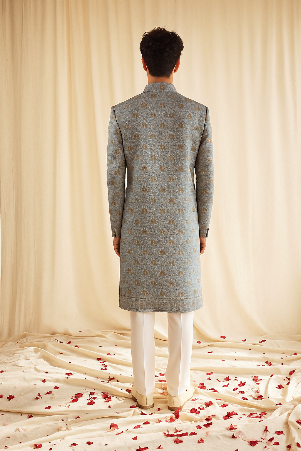 Powder Blue Brocade Sherwani with Golden Motifs – Luxury Wedding & Festive Wear