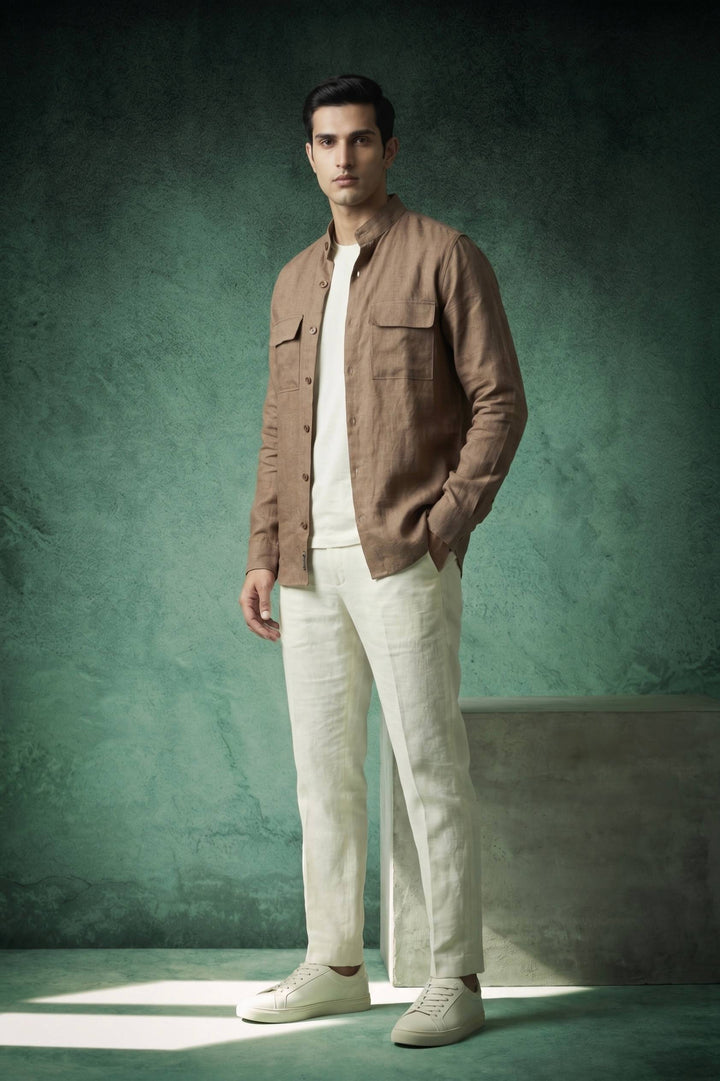 Linen Mandarin Collar Over Shirt – Mocha Brown