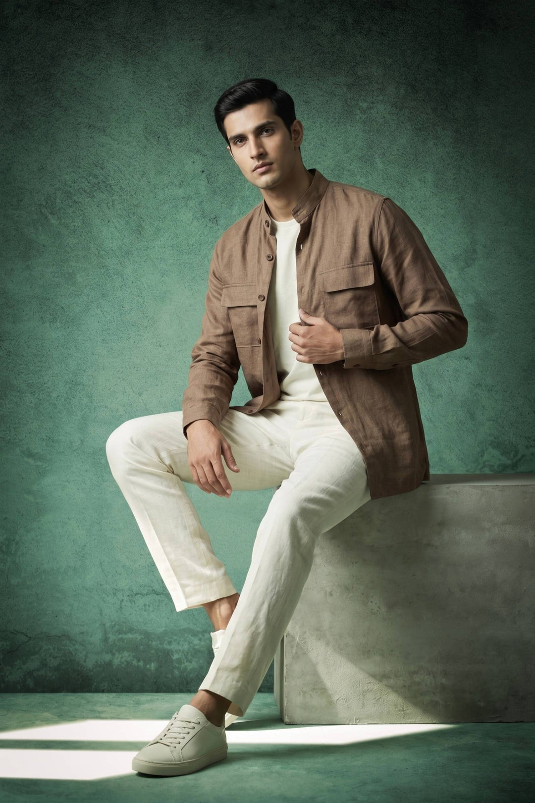 Linen Mandarin Collar Over Shirt – Mocha Brown