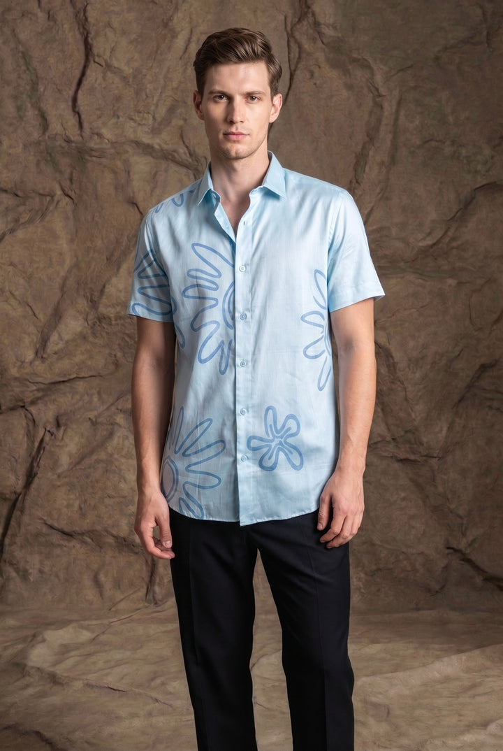 Azure Bloom Printed Short-Sleeve Shirt