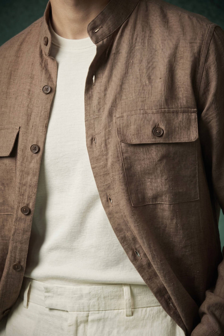 Linen Mandarin Collar Over Shirt – Mocha Brown