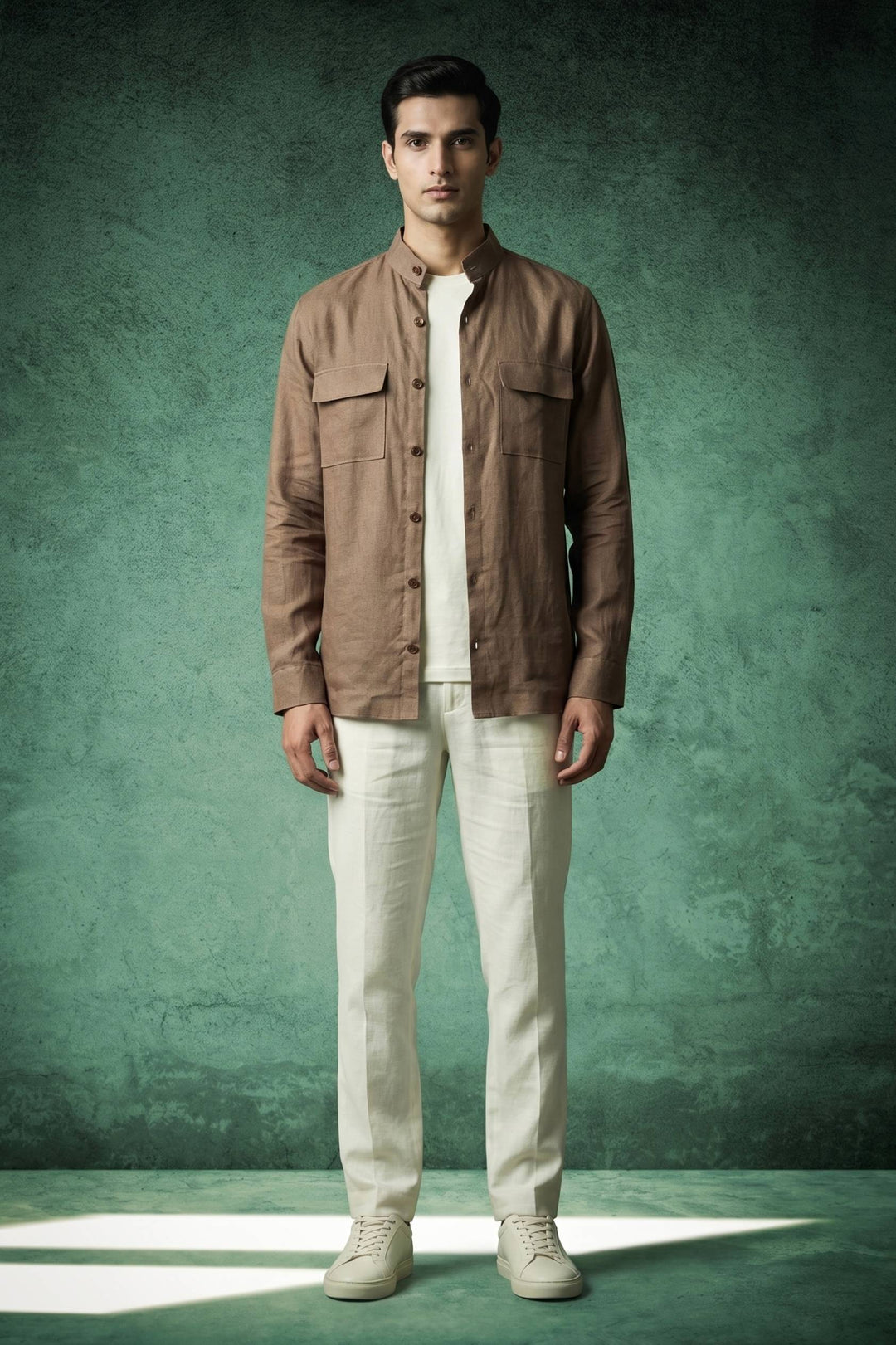 Linen Mandarin Collar Over Shirt – Mocha Brown