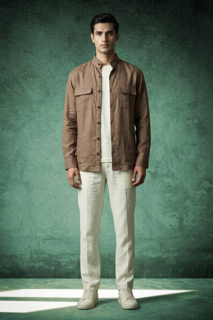 Linen Mandarin Collar Over Shirt – Mocha Brown