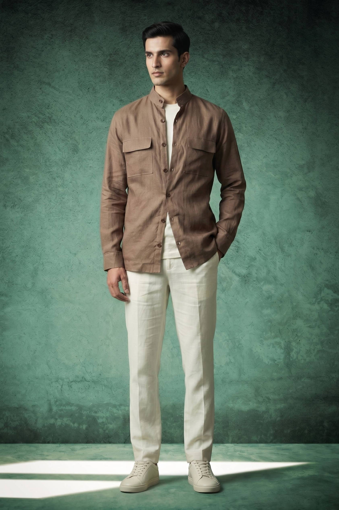 Linen Mandarin Collar Over Shirt – Mocha Brown